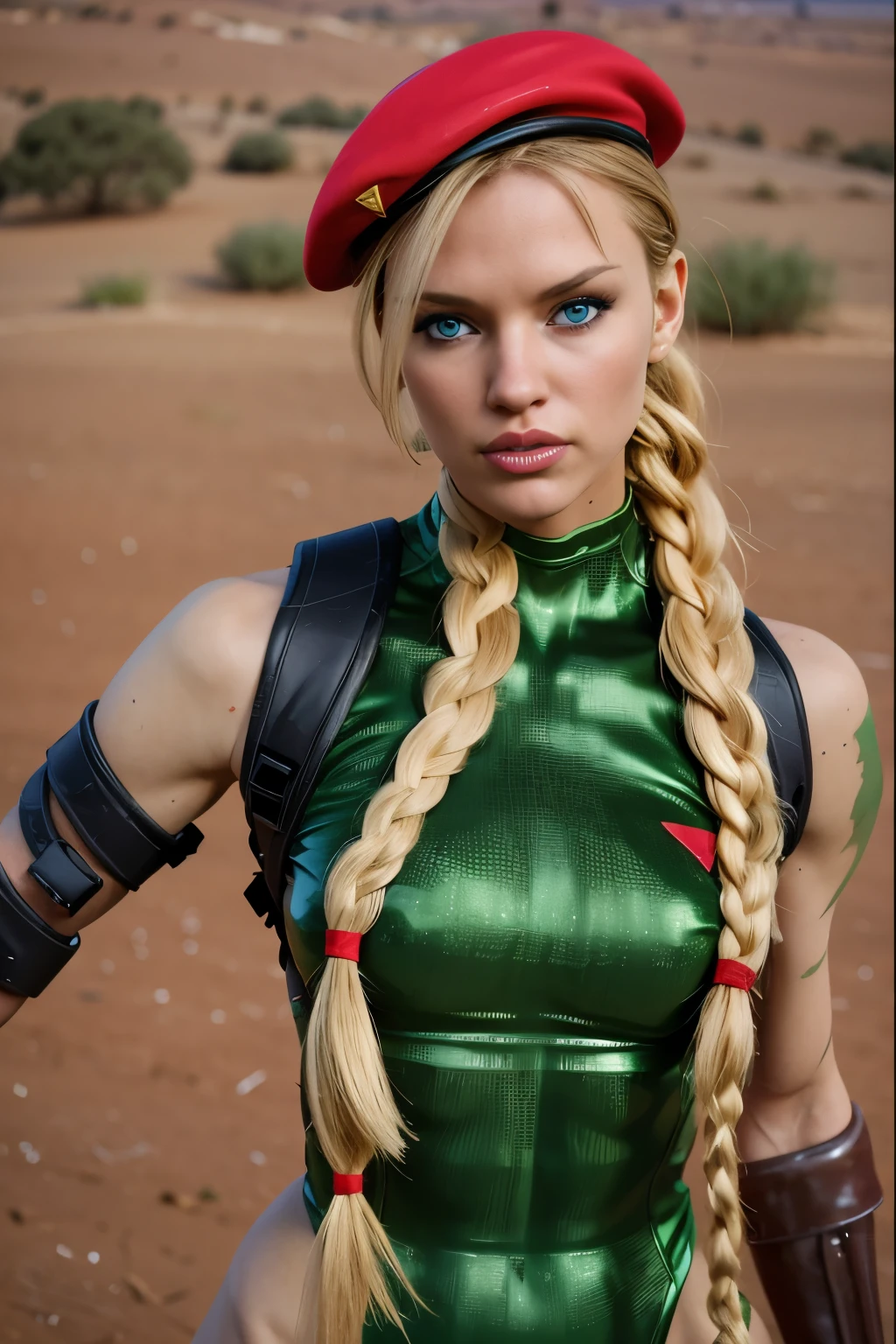 Foto de cammyst no deserto, com seus longos cabelos loiros, olhos azuis, e uma malha verde, em pé, confiante, usando uma boina vermelha e ostentando uma trança estilosa, olhando diretamente para o espectador.
