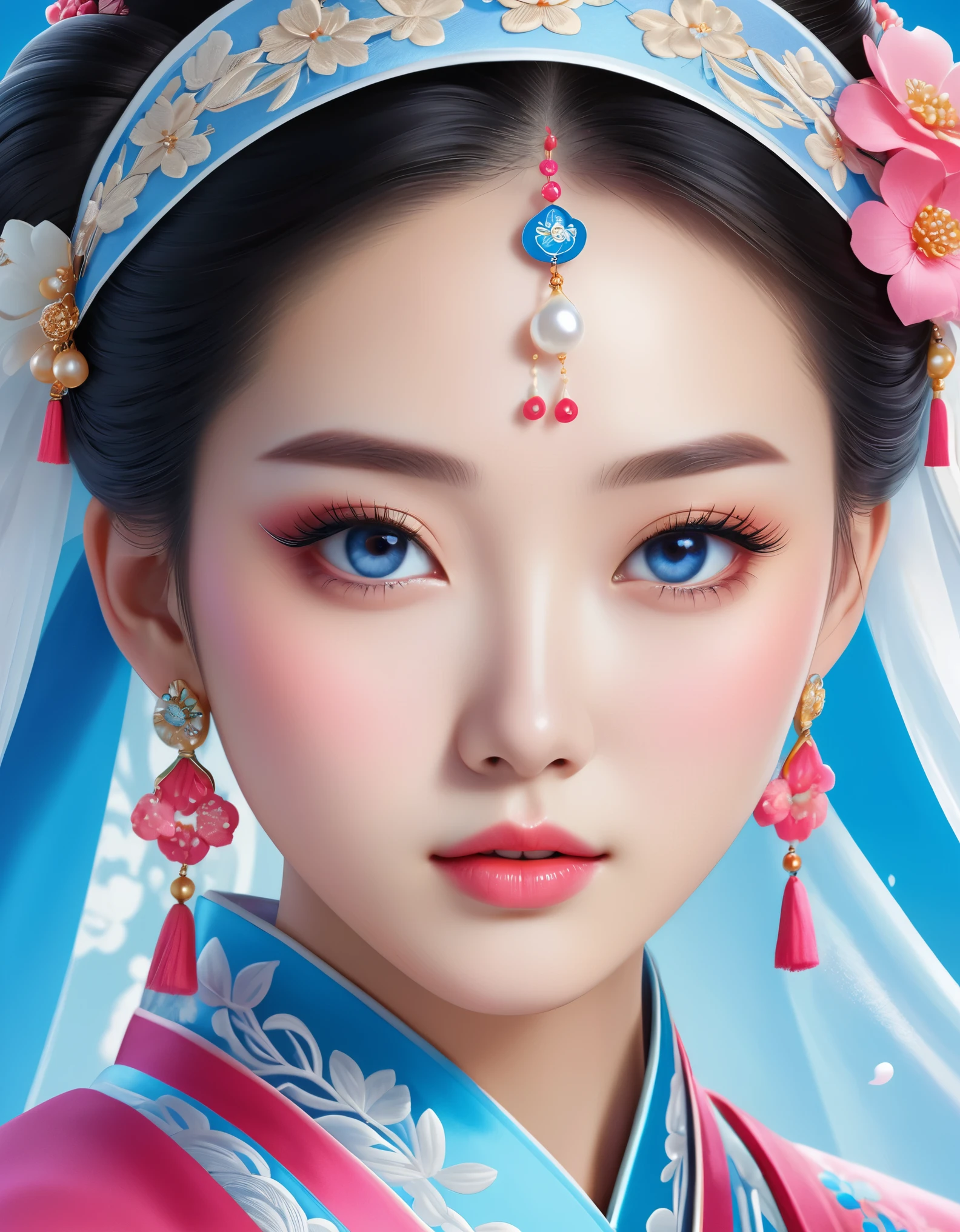 Flying veil covers beautiful Chinese girl's face, pearl earrings, long eyelashes and pink lips, close-up of face, clean face, round chin, blue eyes, blue hanbok with embroidery, white background.
Graphic Illustration, 3D Rendering, Bright colors and fine details, as illustration poster, in 2d game art style, color corrected, HD, 32K ,niji