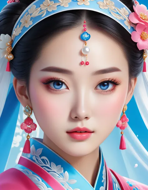 Flying veil covers beautiful Chinese girl's face, pearl earrings, long eyelashes and pink lips, close-up of face, clean face, ro...