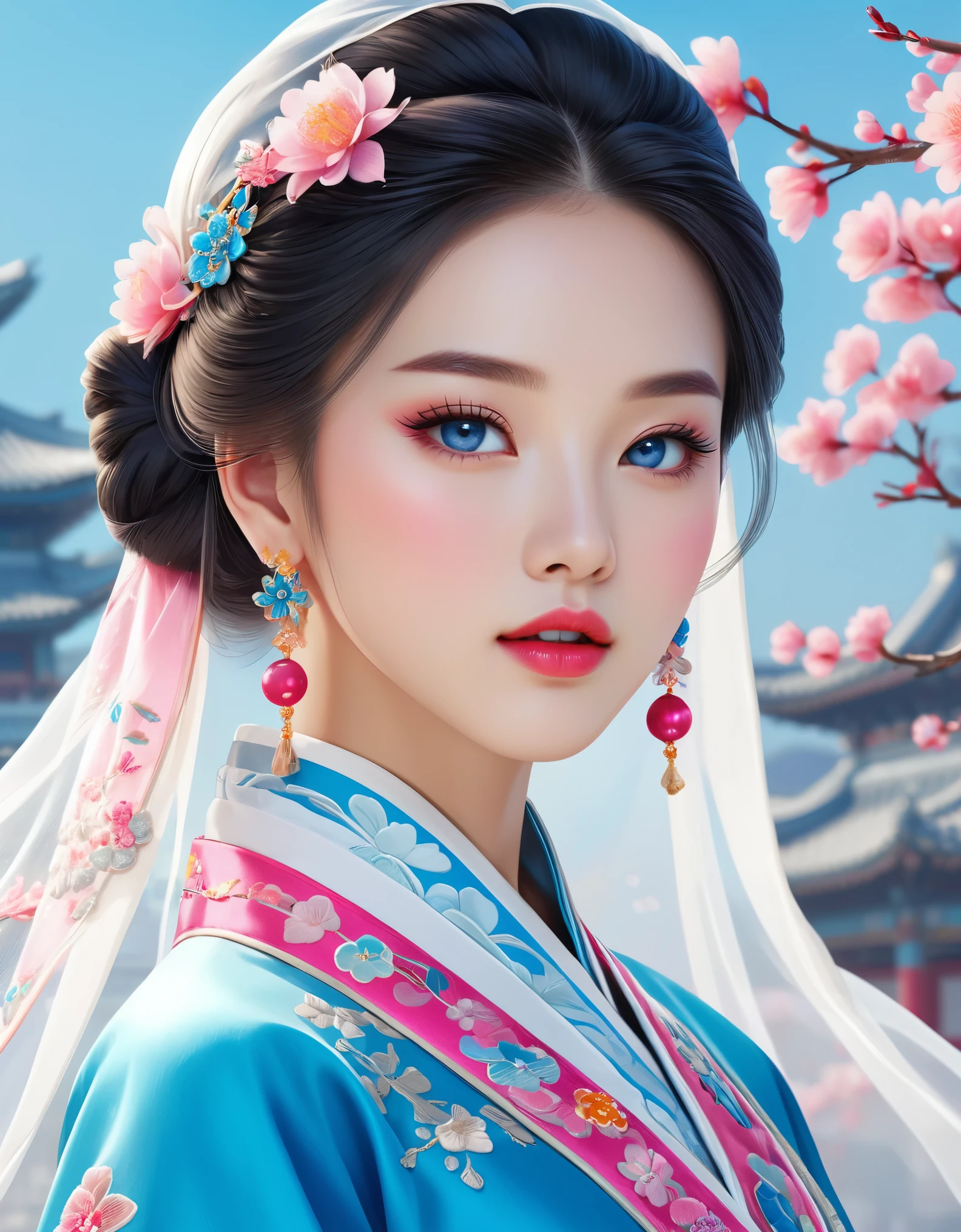 Flying veil covering half of a beautiful Chinese girl, pearl earrings, long eyelashes and pink lips, close-up of face, clean face, round chin, blue eyes, blue hanbok with embroidery, white background.
Graphic Illustration, 3D Rendering, Bright colors and fine details, as illustration poster, in 2d game art style, color corrected, HD, 32K ,niji
