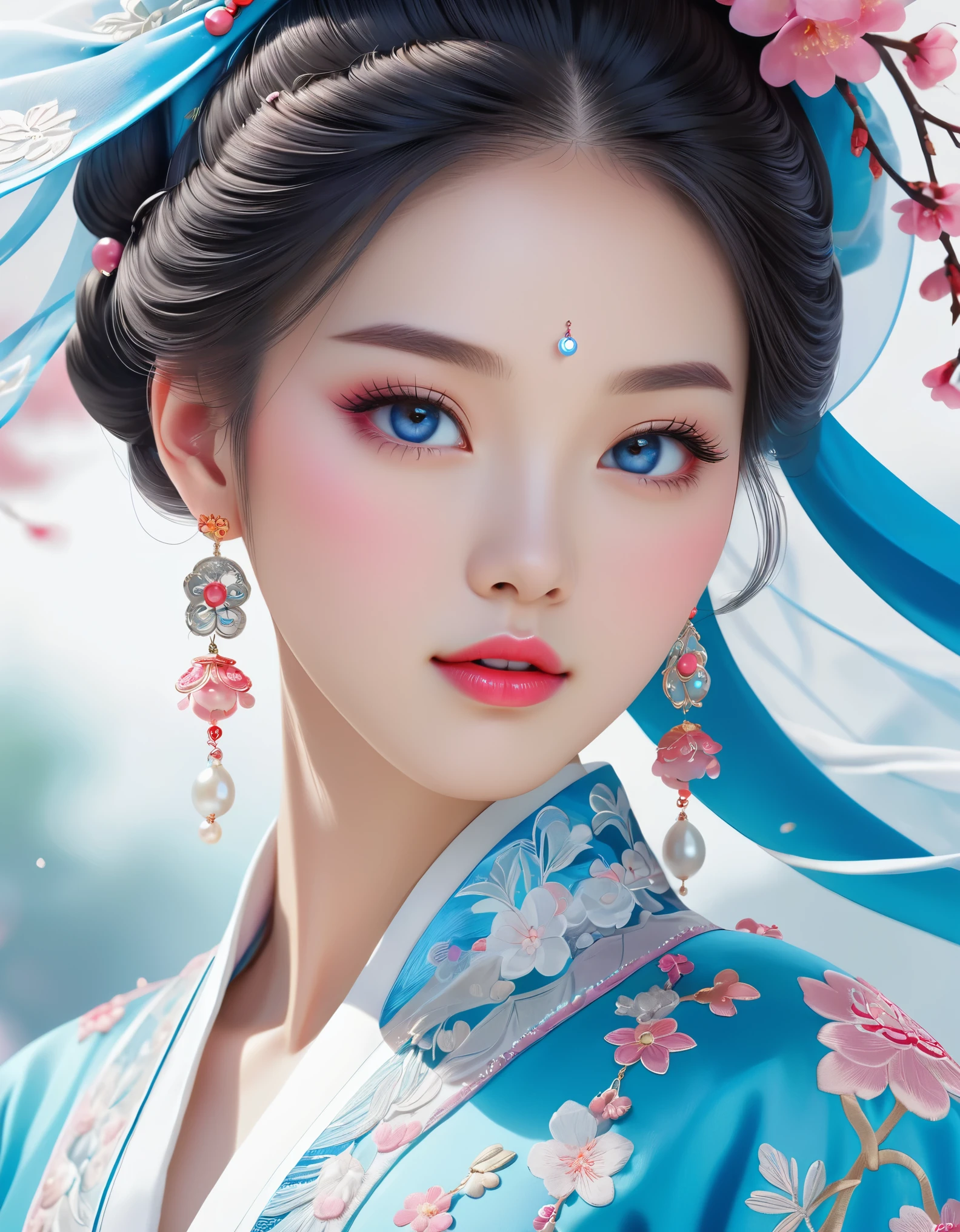 Flying veil covering half of a beautiful Chinese girl, pearl earrings, long eyelashes and pink lips, close-up of face, clean face, round chin, blue eyes, blue hanbok with embroidery, white background.
Graphic Illustration, 3D Rendering, Bright colors and fine details, as illustration poster, in 2d game art style, color corrected, HD, 32K ,niji