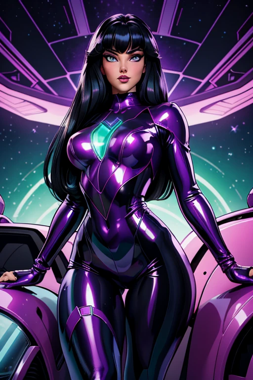 Best quality, 8K, woman retro super hero futurism, beautiful and detailed face, black straight long hair, bangs,big eyelashes,LOOKING TO observer,TRANSPARENT purple LATEX CATSUIT, metalic details, LIGHT green pantyhose, sheer TAN gloves,sci-fi RETRO SPACESHIP scenario