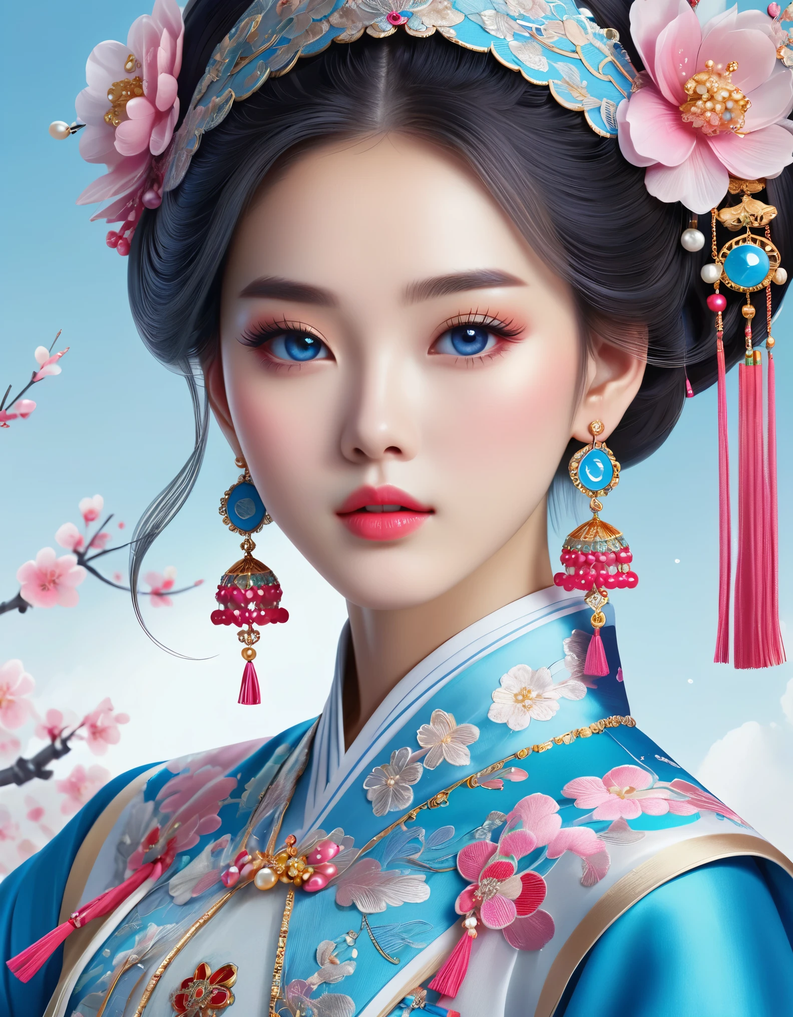 Flying veil covers beautiful Chinese girl's face, pearl earrings, long eyelashes and pink lips, close-up of face, clean face, round chin, blue eyes, blue hanbok with embroidery, white background.
Graphic Illustration, 3D Rendering, Bright colors and fine details, as illustration poster, in 2d game art style, color corrected, HD, 32K ,niji