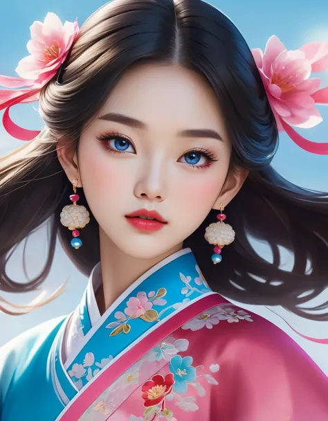 Flying veil covers beautiful Chinese girl's face, pearl earrings, long eyelashes and pink lips, close-up of face, clean face, ro...