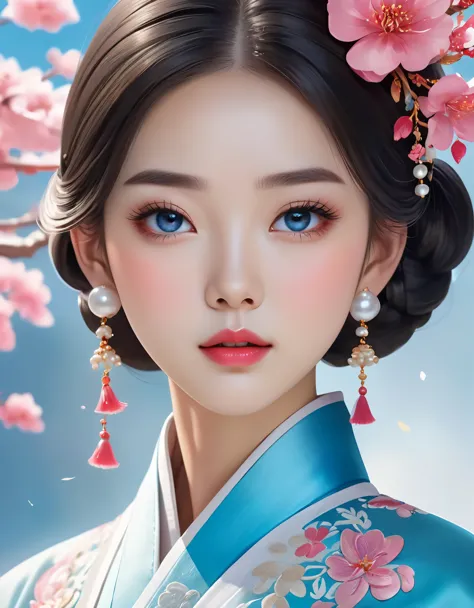 Flying veil covers beautiful Chinese girl's face, pearl earrings, long eyelashes and pink lips, close-up of face, clean face, ro...