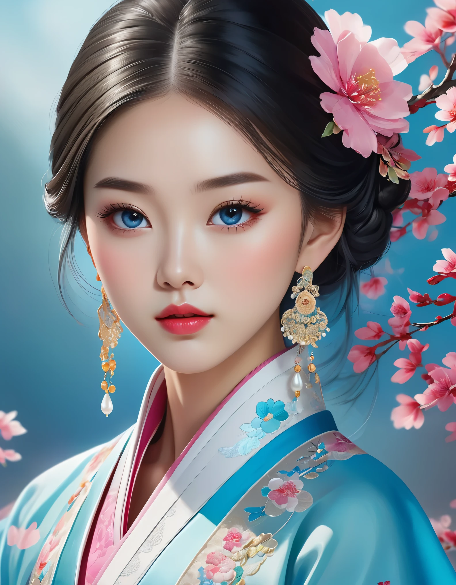 Véu voador cobre rosto de linda menina chinesa, brincos de pérola, cílios longos e lábios rosados, close do rosto, rosto limpo, Queixo redondo, olhos azuis, hanbok azul com bordado, fundo branco.
ilustração gráfica, Renderização 3D, Cores brilhantes e detalhes finos, como cartaz de ilustração, no estilo de arte do jogo 2D, cor corrigida, alta definição, 32K ,niji