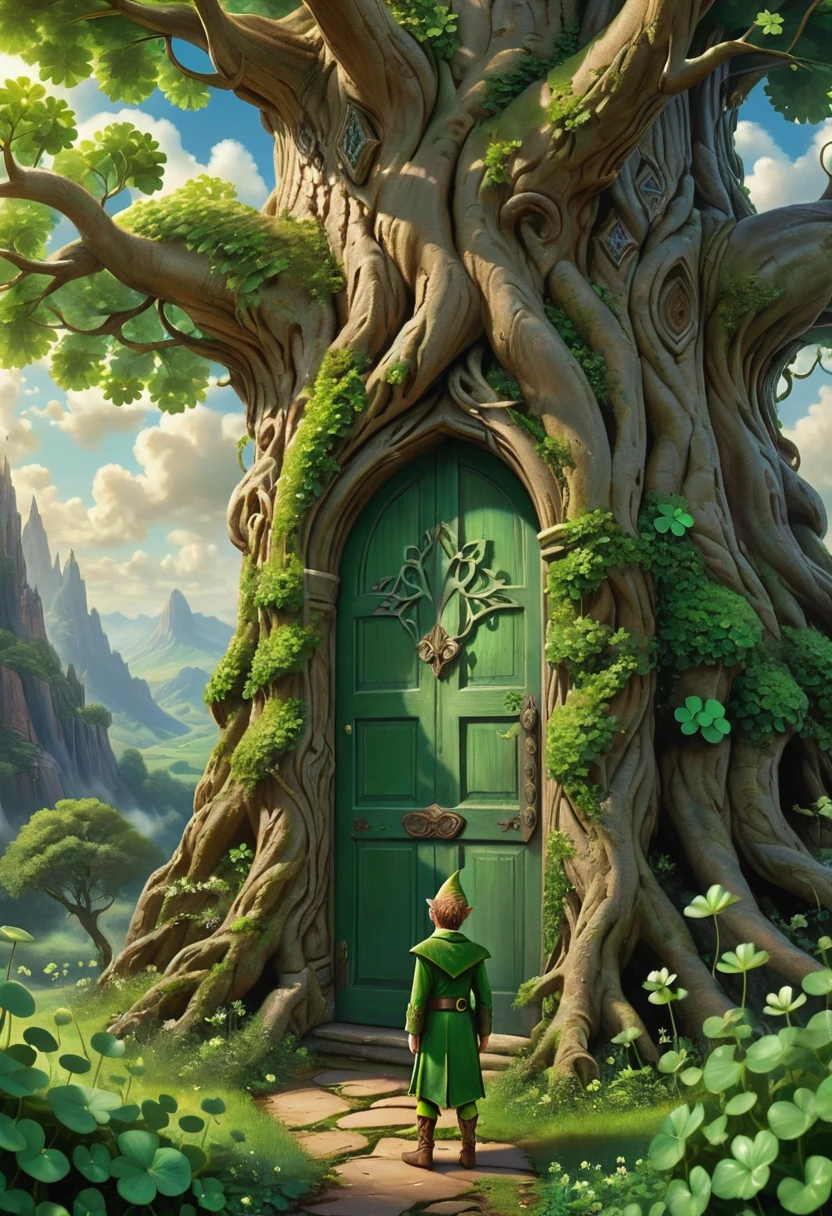 Symmetry, A colossal four-leaf clover tree stands tall, a door At the base of this magical tree, (best quality, masterpiece, Representative work, official art, Professional, high details, Ultra intricate detailed:1.3)