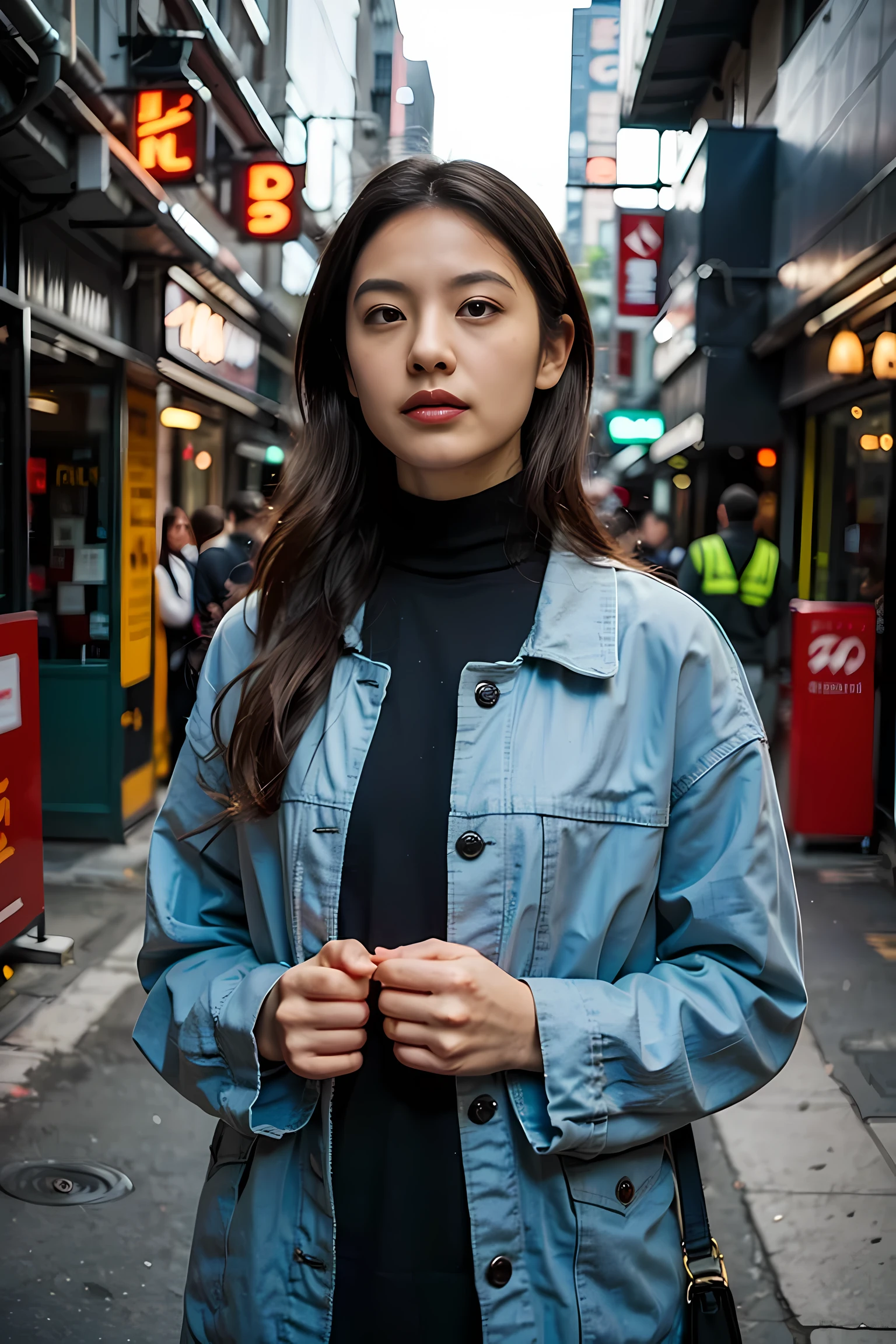 Realistic photography, beautiful young japanese woman , road