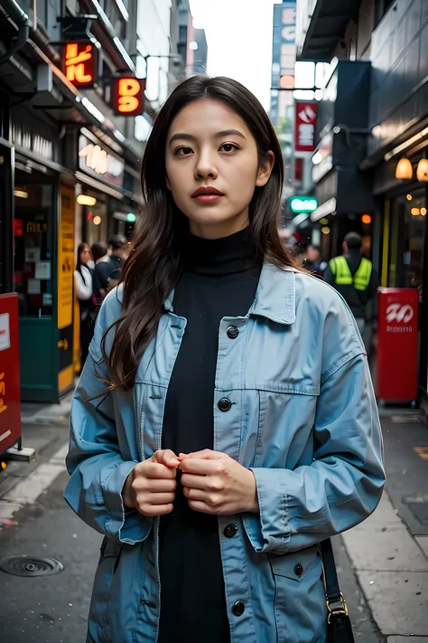 realistic photography, beautiful young japanese woman , road