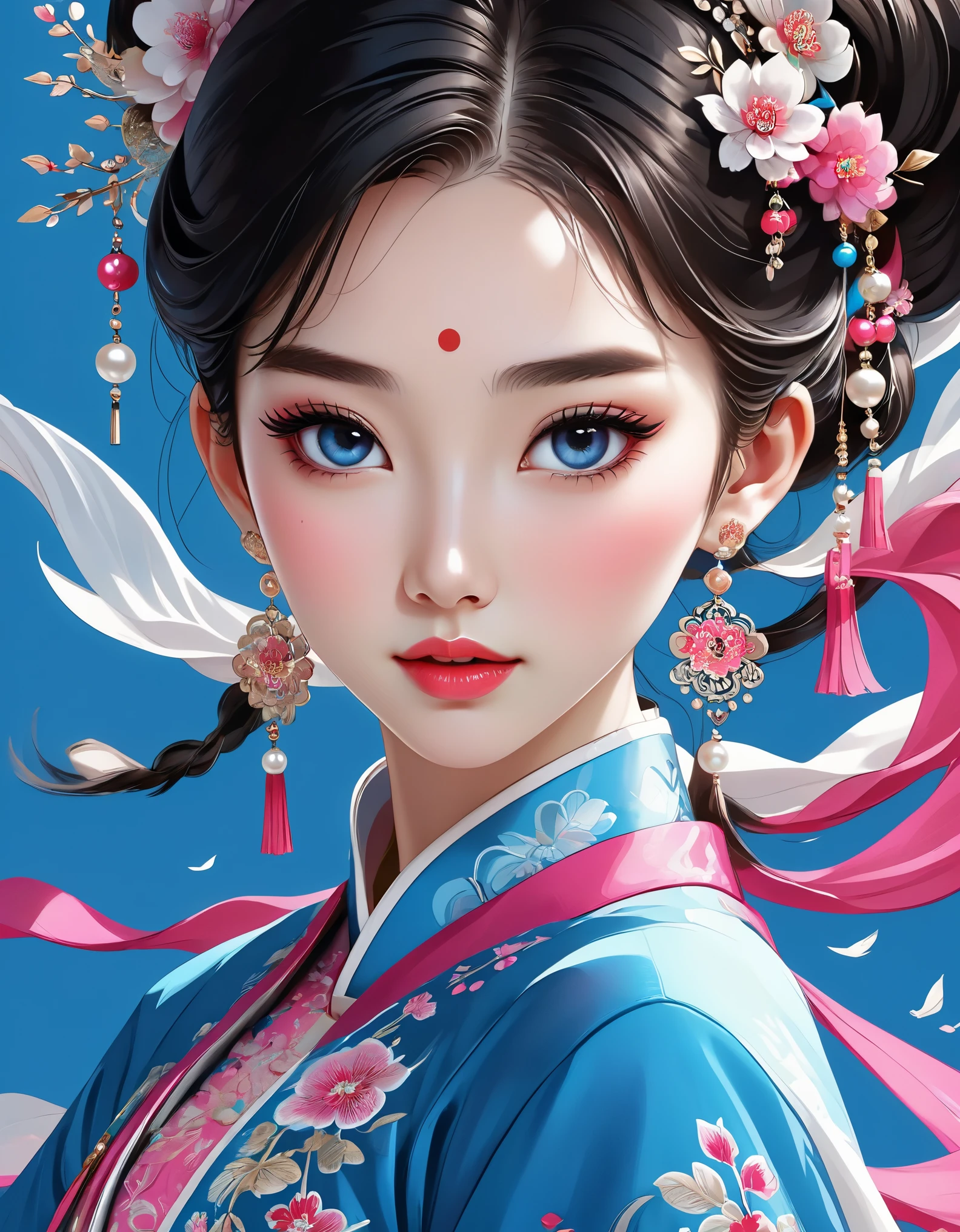 아름다운 중국 소녀의 얼굴을 휘날리는 베일이 덮고 있다, 진주 귀걸이, 긴 속눈썹과 분홍빛 입술, 얼굴 클로즈업, 깨끗한 얼굴, 둥근 턱, 파란 눈, 자수가 들어간 파란색 한복, 흰 바탕.
그래픽 일러스트레이션, 3D 렌더링, 밝은 색상과 섬세한 디테일, 일러스트 포스터로, 2D 게임 아트 스타일, 색상 보정, HD, 32,000 ,사적인