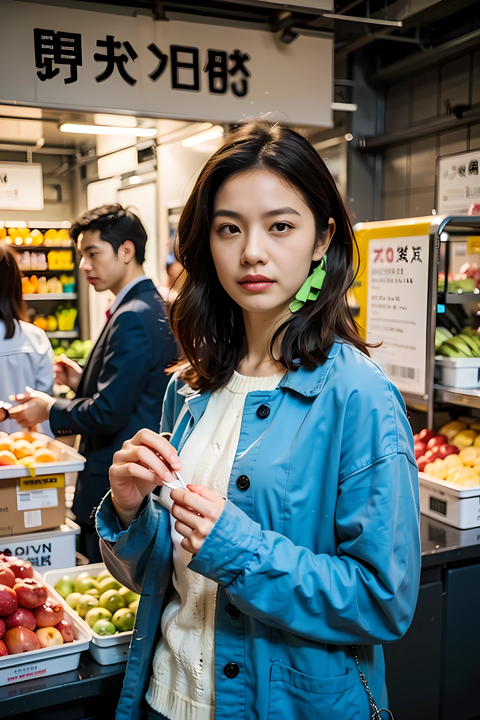 Realistic photography, beautiful young japanese woman , market