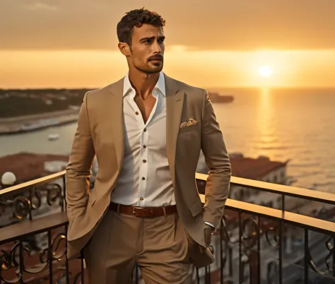 nautical-themed (photo:1.3) of (ultrarealistic:1.3) gerard piqu a man in a tan suit standing on a balcony, sun behind him, inspi...