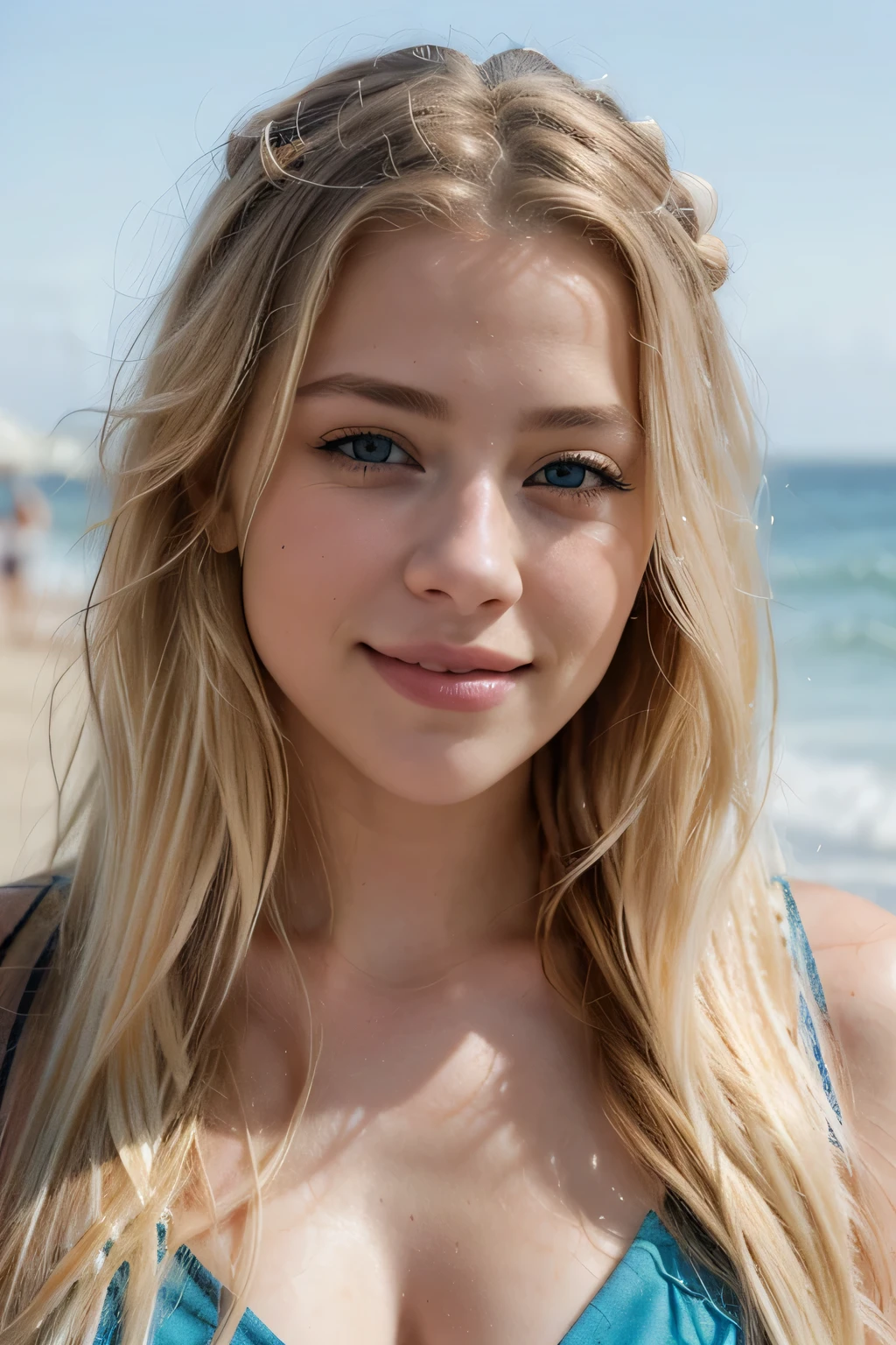 A close up of a woman with long blonde hair on a beach - SeaArt AI