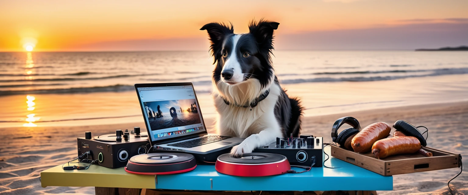 Border collie as DJ at rave party, Seamus, progressive, prog