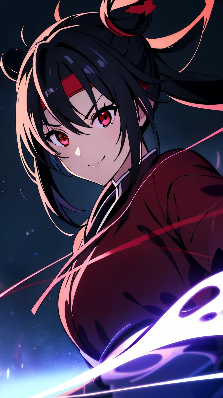 anime visual of a cute girl, young anime girl, an anime girl, ((Black hair)), ((Sharingan eyes)), red eyes, bun pigtails hairstyles, ((shinobi headband)), kunoichi, anbu armor, shinobi clothes, ((outside in the Forrest)), ((red ribbon around hair buns)), black clothes, (glowing eyes), high resolution, extremely detailed CG unity 8k wallpaper, ((masterpiece)), ((top-quality)), (beautiful illustration), ((an extremely delicate and beautiful)), (masterpiece, Best quality, ultra high resolution), 1 girl, pale skin, red eyes, Luminous_eyes, neon red eyes, ultra detailed eyes, Beautiful and detailed face, detailed eyes, (Centered, torso), (wide shot:0.9), facing the viewer, back towards camera, low angle, (floating hair), character focus, ((black light)), ((dark lighting)), cinematic lighting ,(darkness), (concept art), ((Happy face)), dark black hair, ((red eyes)), (wearing red shinobi dress), AAA cup, full body