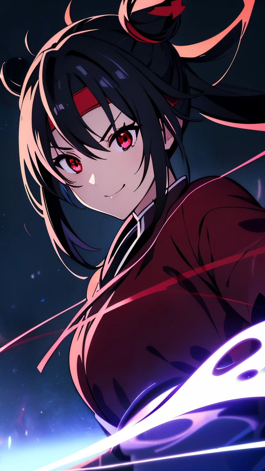 anime visual de una linda chica, joven chica anime, una chica anime, ((pelo negro)), ((ojos Sharingan)), ojos rojos, peinados con coletas y moño, ((Diadema Shinobi)), kunoichi, armadura anbu, ropa shinobi, ((afuera en el bosque)), ((cinta roja alrededor del moño)), Ropa negra, (ojos brillantes), Alta resolución, Fondo de pantalla CG unity 8k extremadamente detallado, ((obra maestra)), ((de primera calidad)), (hermosa ilustración), ((un extremadamente delicado y hermoso)), (obra maestra, mejor calidad, ultra Alta resolución), 1 chica, Piel pálida, ojos rojos, luminoso_eyes, neon ojos rojos, ultra ojos detallados, cara hermosa y detallada, ojos detallados, (centrado, torso), (plano general:0.9), frente al espectador, de vuelta a la cámara, ángulo bajo, (pelo flotante), enfoque del personaje, ((luz negra)), ((iluminación oscura)), iluminación cinematográfica ,(oscuridad), (Arte conceptual), ((cara feliz)), pelo negro oscuro, ((ojos rojos)), (vistiendo un vestido rojo shinobi), AAA cup, cuerpo completo