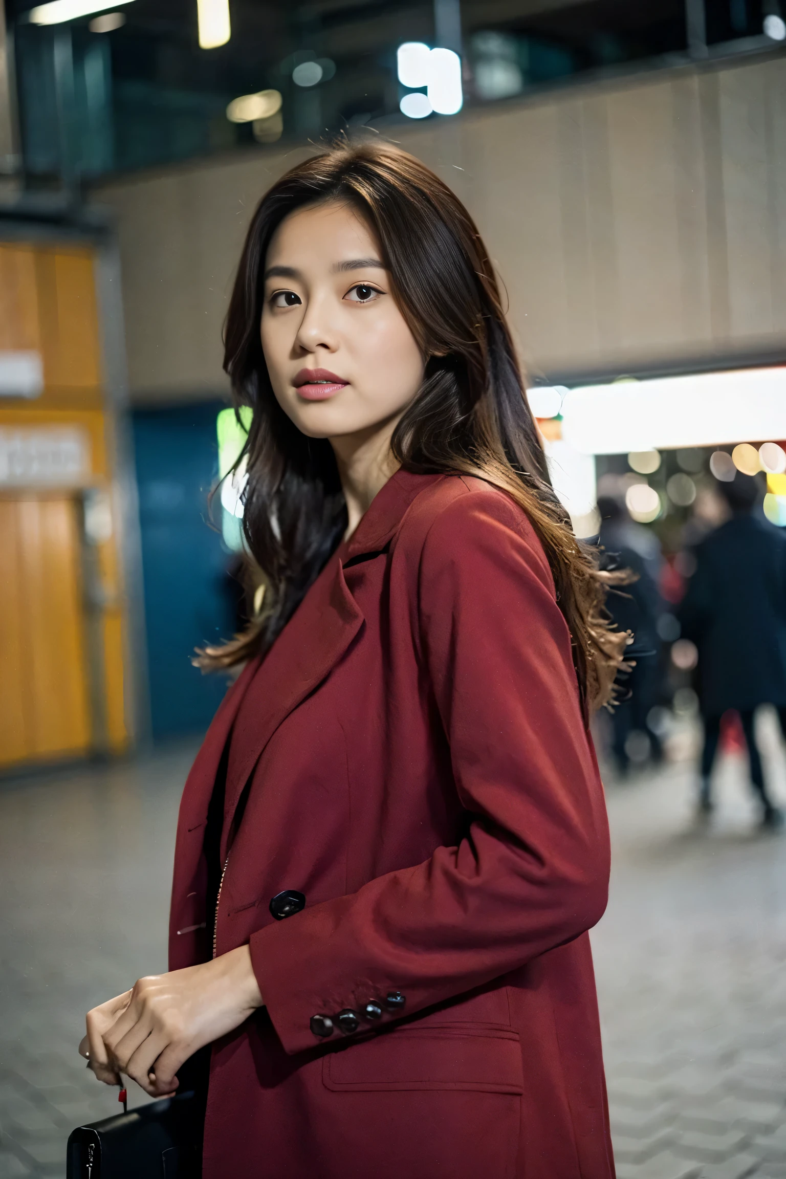 Realistic photography, beautiful young japanese woman ,(long red hair:1.3) , market