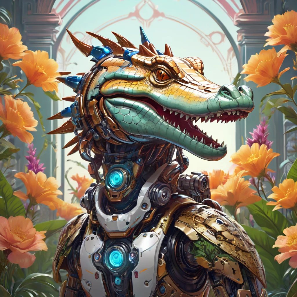 Symmetry, aesthetic, extremely detailed, symmetrical, Symmetry!! portrait of a robot crocodile, floral! horizon zero dawn machine, intricate, elegant, highly detailed, digital painting, artstation, concept art, smooth, sharp focus, illustration, art by artgerm and greg rutkowski and alphonse mucha, 8 k