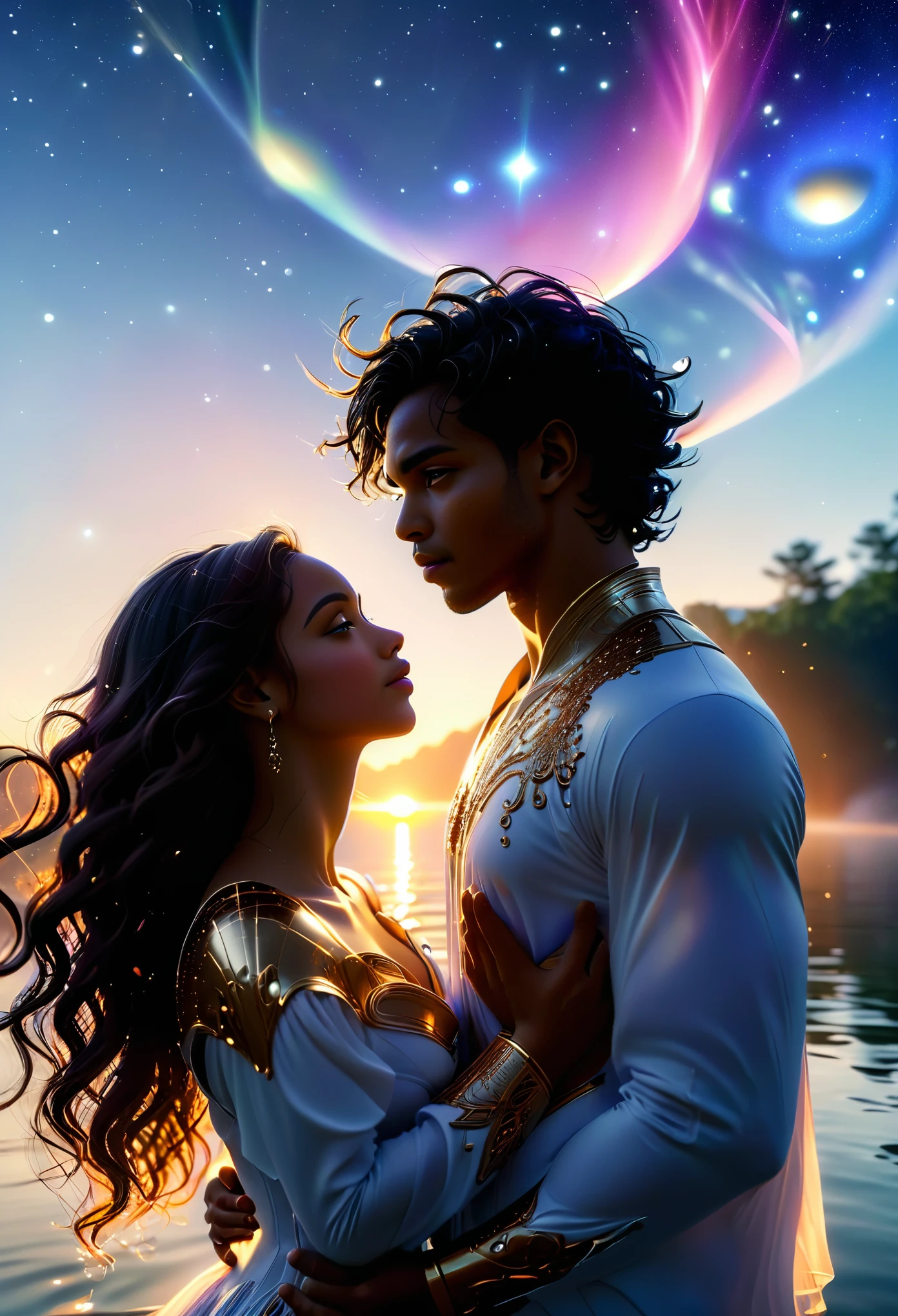 A realistic photography, a detailed HD photograpy of passionate couple in a celestial landscape, young dark-skinned couple in their 20s, in a lake, a man and a woman, he is a divine prince with long curly brown hair, she is a tan-skinned blonde princess with grey eyes, Full body, 8K, extremely detailed, high quality, (photorealistic:1.37), Full body, ideal proportions and defined complexion, meticulously crafted features, unreachable beauty, perfection, breathtaking elegance, g curves, goddess-like figures, divine symmetry, artistic masterpieces, vivid realism, hyper-detailed sculptures, life-like forms, truly awe-inspiring, impeccable craftsmanship, pure radiance, ethereal beauty, delicate contours, striking poses, sublime beauty, subtle nuances, dynamic compositions, vibrant colors, perfect lighting, soulful expressions, celestial aura, majestic presence, dreamlike atmosphere, unmatched gdetailed octane render trending on artstation, 8 k artistic photography, photorealistic concept art, soft natural volumetric cinematic perfect light, chiaroscuro, award - winning photograph, masterpiece, perfect composition, beautiful detailed intricate insanely
