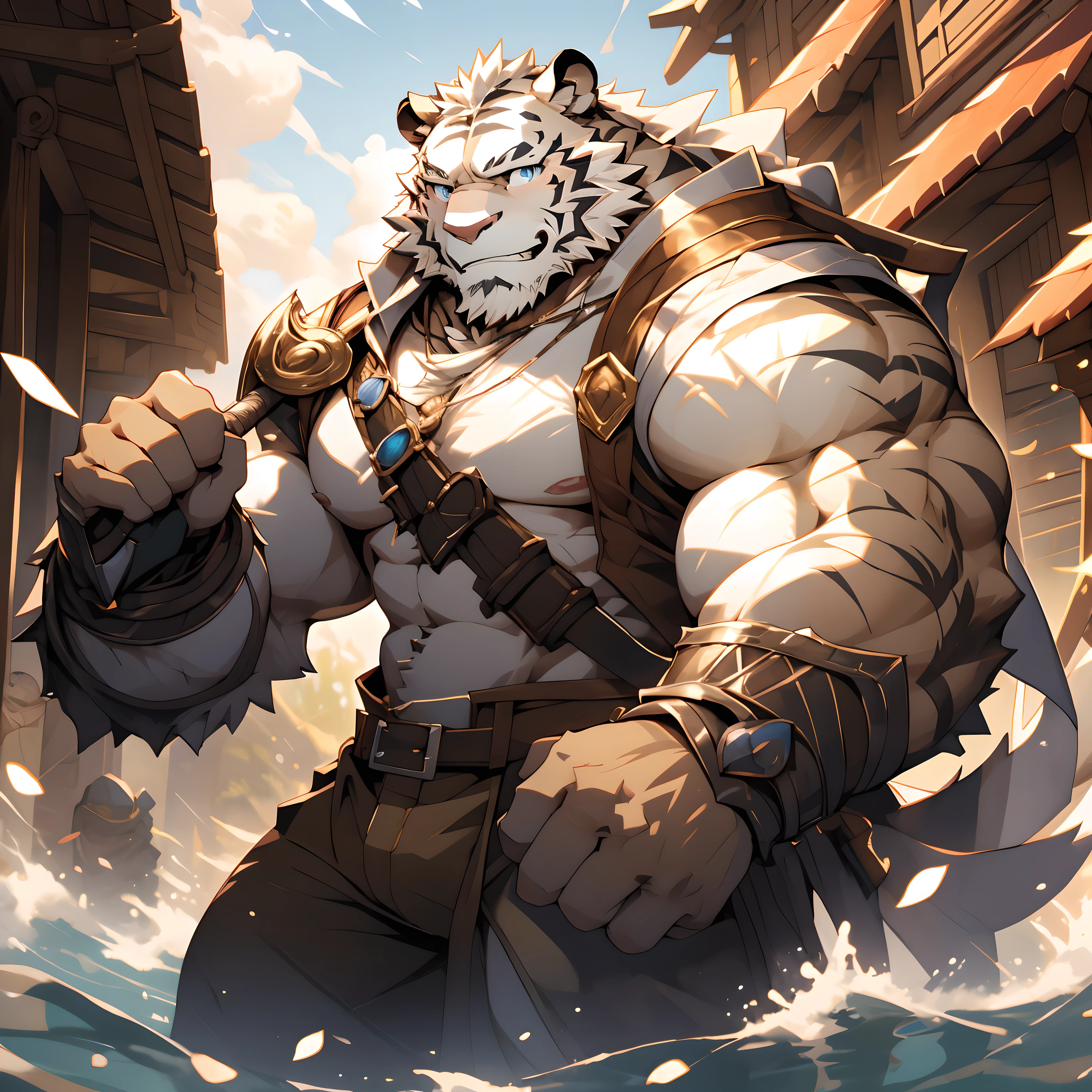 A close up of a tiger with a sword in its hand - SeaArt AI