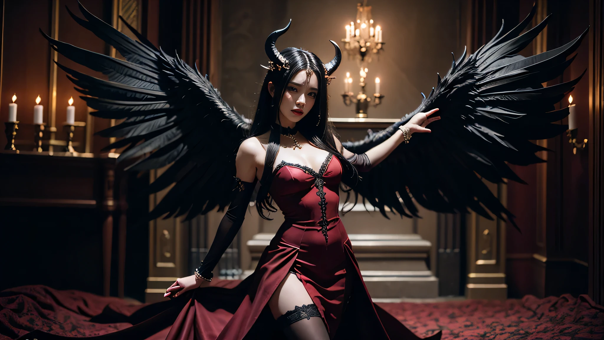 Full body Beautiful pretty girl in a red  black dress with horns, Beautiful Succubus, gothic girl, Beautiful elegant demon queen., Evil has black angel wings., Succubus in a short-fitting dress, epic fantasy, captured on canon eos r 6, (Realistic face details), intricate detailed, Portrait of a beautiful girl, very high details, photo-hyper-realistic, 8k, UHD, hyperdetailed, (Dynamic Poses:1.4), background : dark castle , smoke , blazing fire look like hell, seduced face look like Anime , 