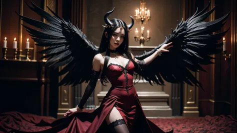 Full body Beautiful pretty girl in a red  black dress with horns, Beautiful Succubus, gothic girl, Beautiful elegant demon queen...