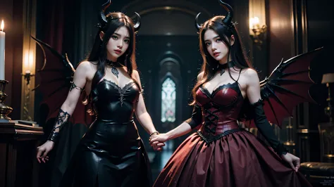 Full body Beautiful pretty girl in a red  black dress with horns, Beautiful Succubus, gothic girl, Beautiful elegant demon queen...