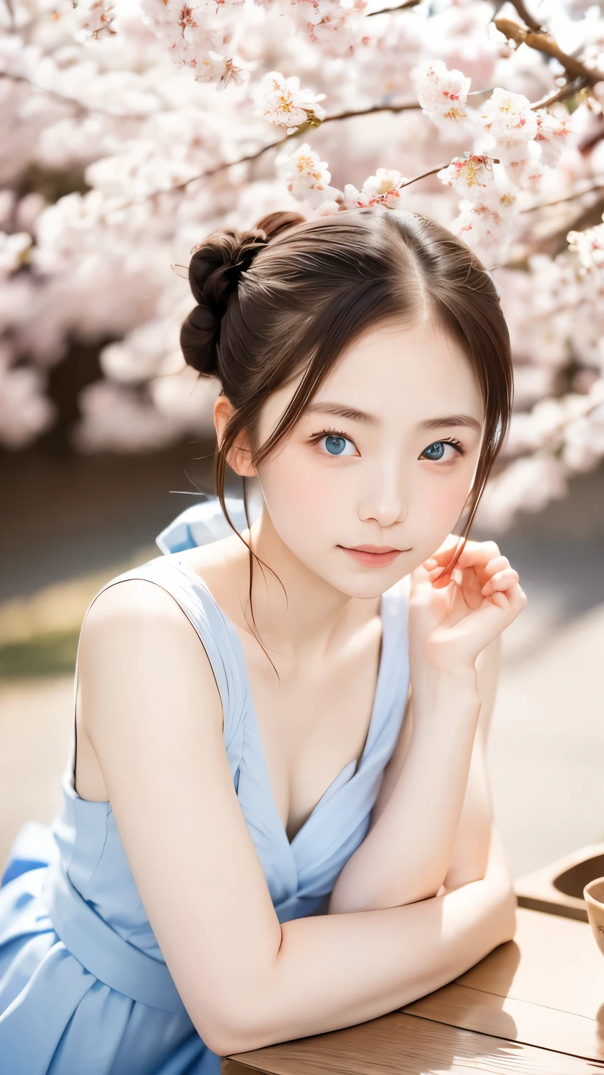 table top:1.2, high quality, 最high quality, High resolution, be familiar with, surreal, with a girl, bun hair, blue eyes,Infinitely clear eyes、head tilt, sunset, Cherry Blossom, portrait,natural look, (be familiar with face), ((sharp focus)), ((face)), Upper body_body