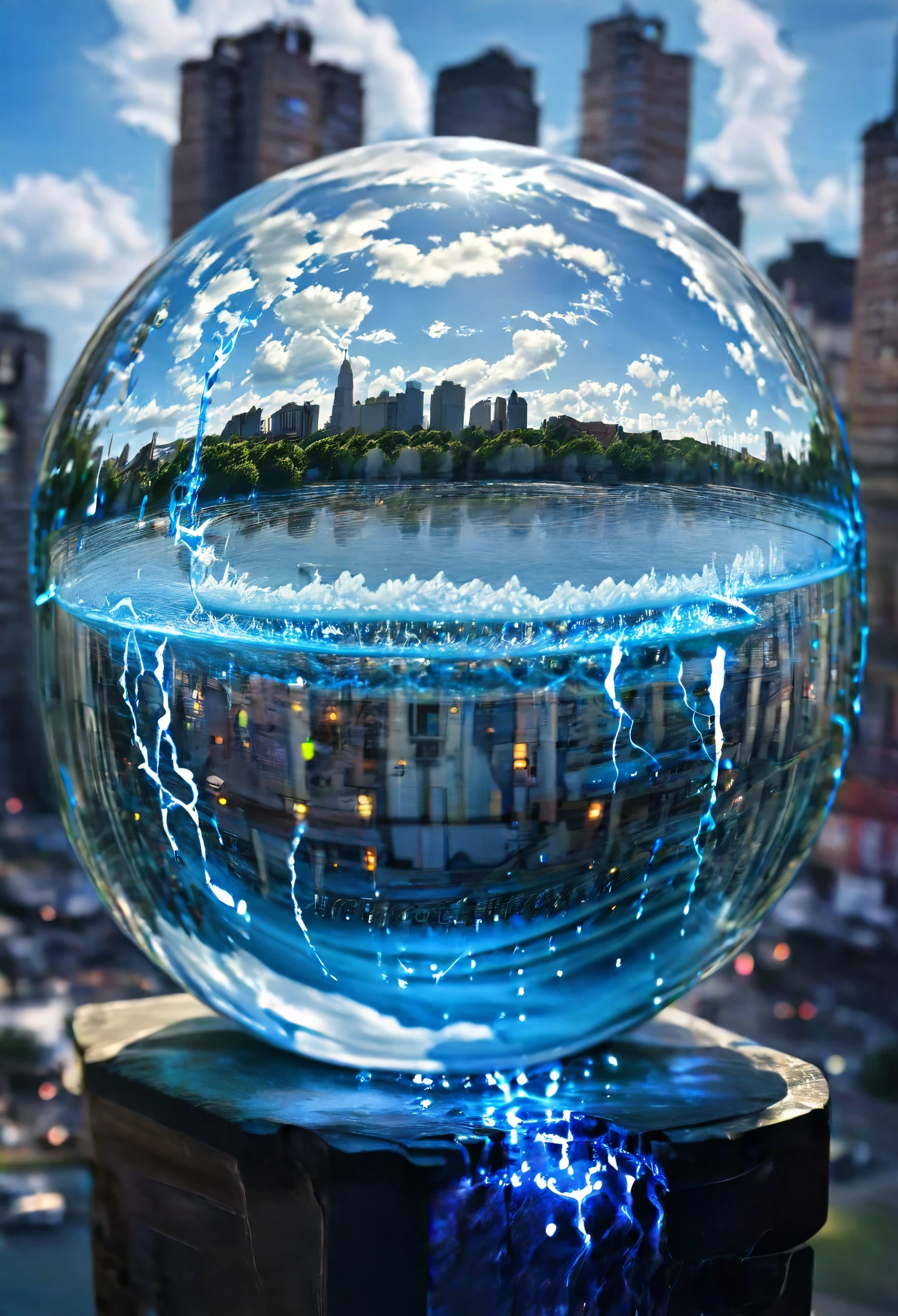 NY dans une vision de ses rêves)), semblable au film (création:1.38), là où les lois de la physique ne s&#39;appliquent plus (bizarre:1.4), then it was placed inside fish bowl large enough to fit the city Et have bad weather inside the bowl, un orage horrible fait des ravages sur la ville, une énergie irisée éclate partout, foudre en boule bleue électrique expulsant des éclairs chargés dans toutes les directions, le bol se remplit, les villes sont partiellement submergées):1.3, art conceptuel, art numérique, Photoréaliste, hyper réaliste, super détaillé, UHD, qualité supérieure, Résolution 16k, (rendu d&#39;octane:1.5), dans les styles artistiques mixtes de M.C. d&#39;Escher (relativité:1.5), Et Dick Termes artworks ("Construire un monde"1.33) Et ("Bocal à poissons":1.44)