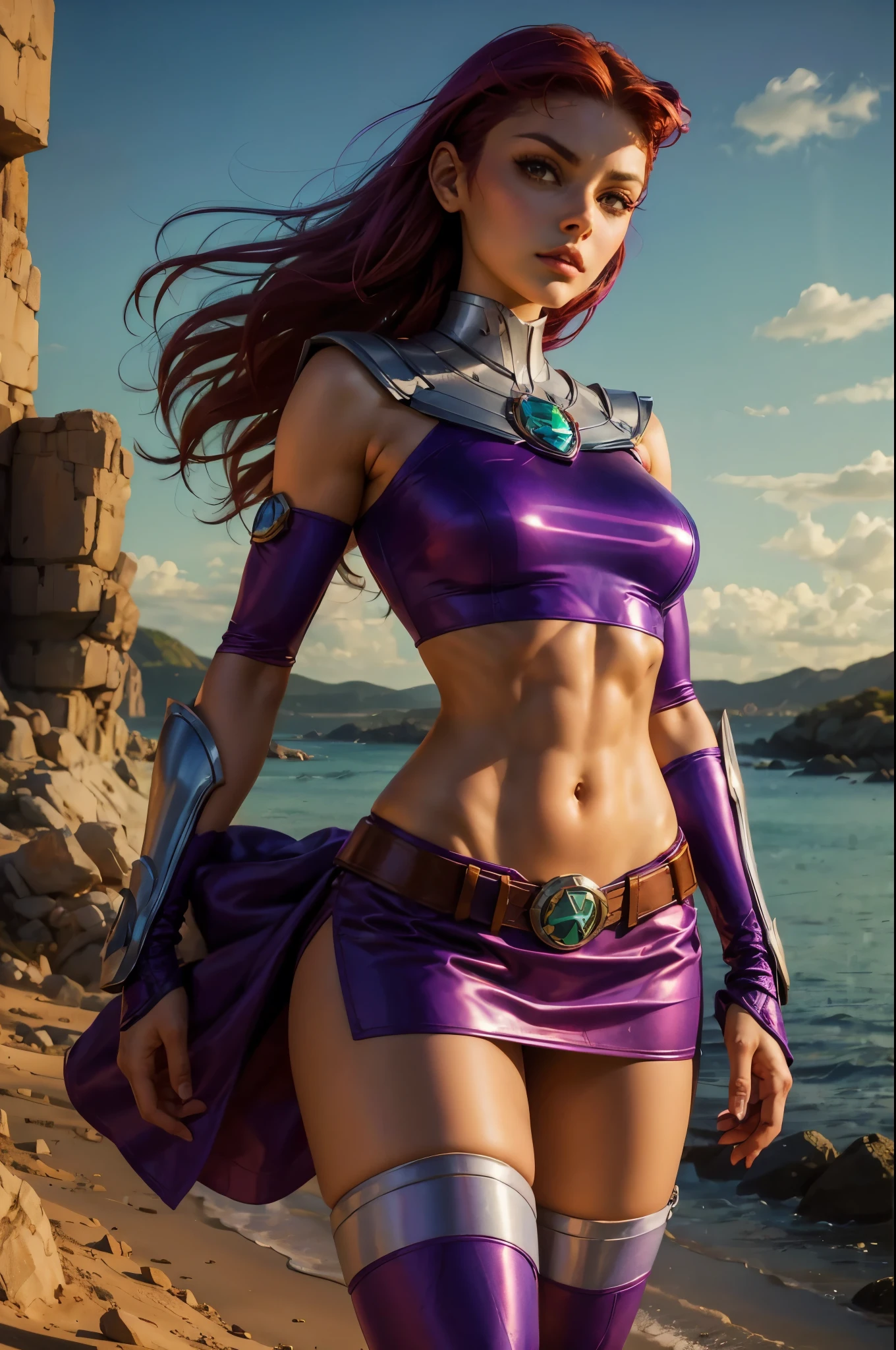 a close up of a woman in a purple outfit on a beach, starfire, full body portrait of jean grey, alena aenami and artgerm, sleek purple armor, samira from league of legends, purple armor, purple body, artgerm moody photography, jean grey, glamourous cosplay, full-cosplay, megara
