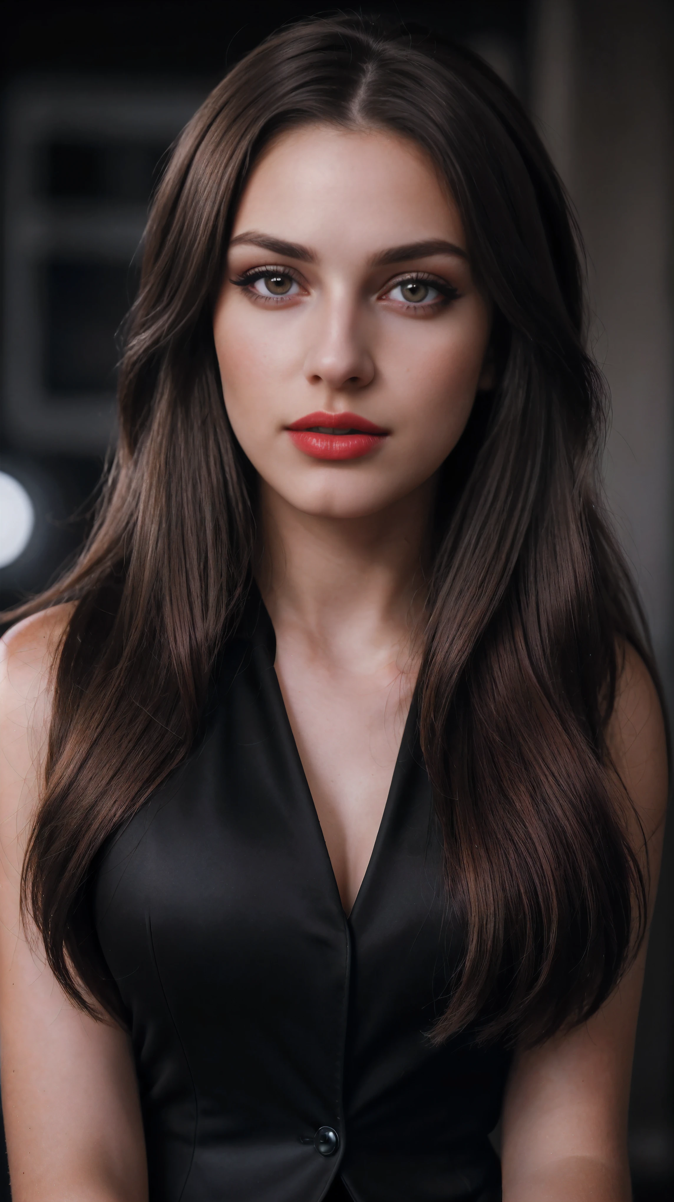 A woman with long brown hair and red lipstick posing for a picture - SeaArt  AI