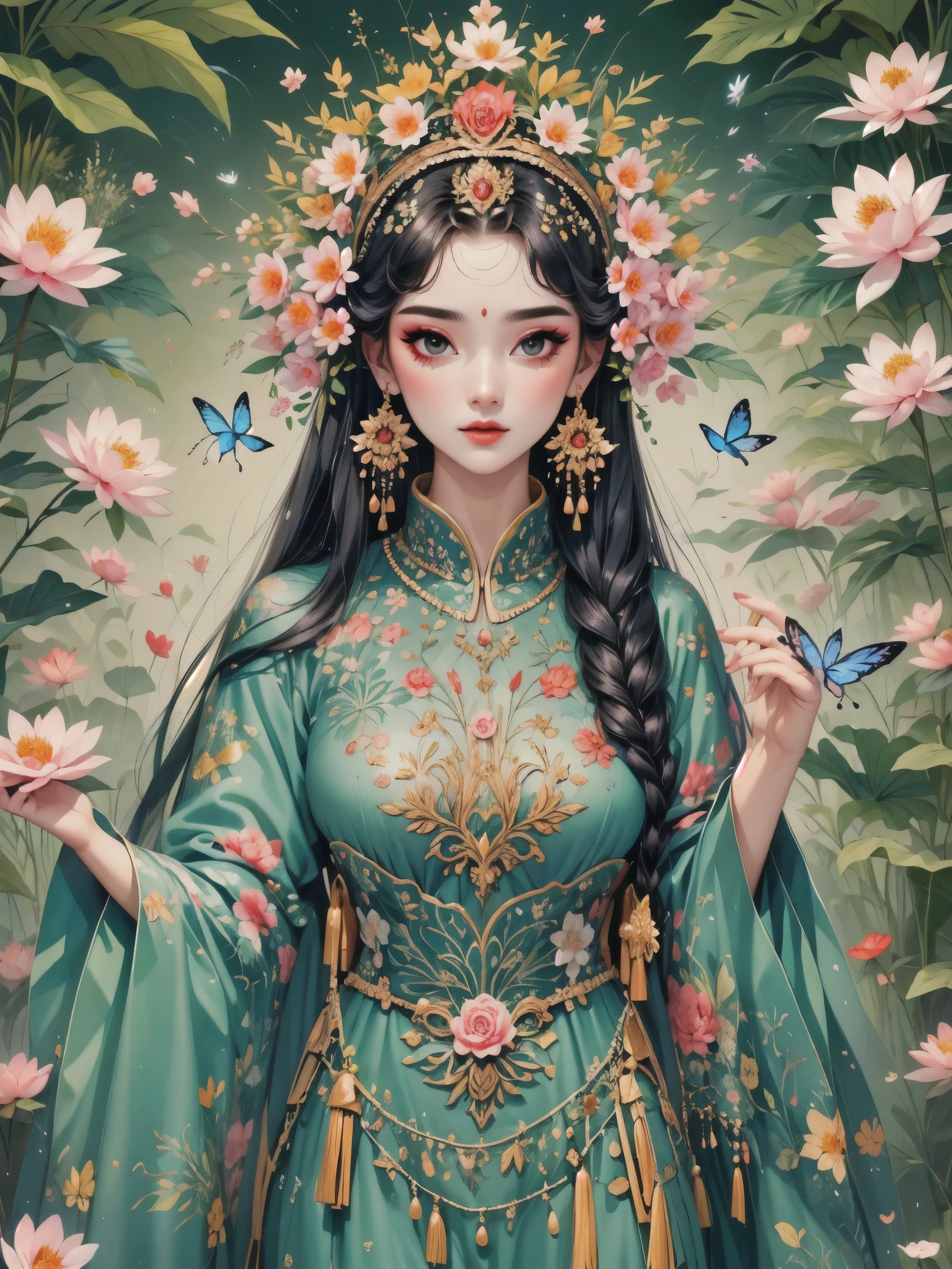 flower god，beautiful，lifelike：1.37.Bright Eyes，Fine lashes，clear facial contours，Skin details，Delicate hair，Gorgeous crown，Shoulder，waist，sharp focus，lotus leaf，glowing insects，Fantasy glowing background