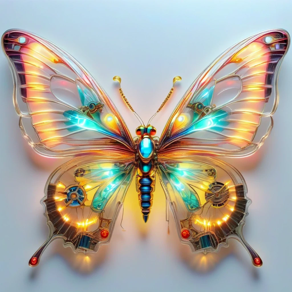 symmetry，whole body, solid light grey background, The combination of biology and machinery, Transparent mechanical butterfly, The internal structure is complex and precise, glowing neon lights,(high detail, masterpiece, best quality, ultra high definition, Sharpen details)