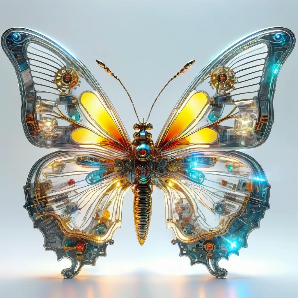 symmetry，whole body, solid light grey background, The combination of biology and machinery, Transparent mechanical butterfly, The internal structure is complex and precise, glowing neon lights,(high detail, masterpiece, best quality, ultra high definition, Sharpen details)