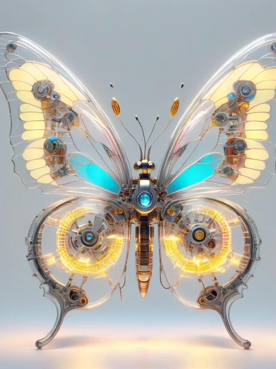 symmetry，whole body, solid light grey background, The combination of biology and machinery, Transparent mechanical butterfly, The internal structure is complex and precise, glowing neon lights,(high detail, masterpiece, best quality, ultra high definition, Sharpen details)