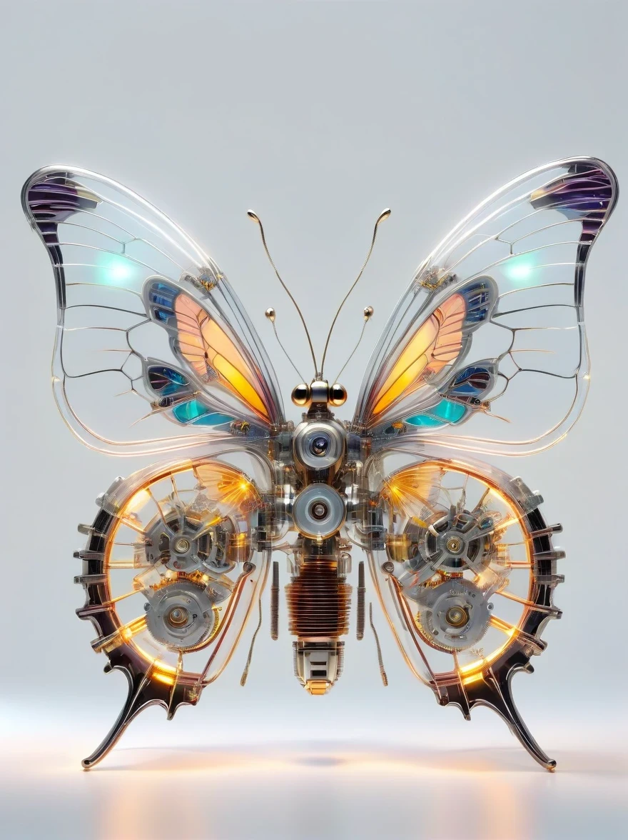 symmetry，whole body, solid light grey background, The combination of biology and machinery, Transparent mechanical butterfly, The internal structure is complex and precise, glowing neon lights,(high detail, masterpiece, best quality, ultra high definition, Sharpen details)