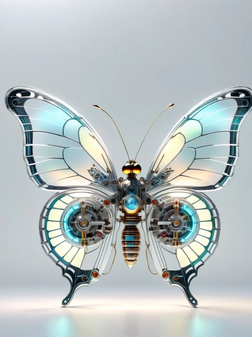 symmetry，whole body, solid light grey background, The combination of biology and machinery, Transparent mechanical butterfly, The internal structure is complex and precise, glowing neon lights,(high detail, masterpiece, best quality, ultra high definition, Sharpen details)