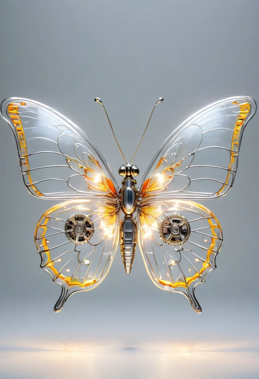 symmetry，whole body, solid light grey background, The combination of biology and machinery, Transparent mechanical butterfly, The internal structure is complex and precise, glowing neon lights,(high detail, masterpiece, best quality, ultra high definition, Sharpen details)