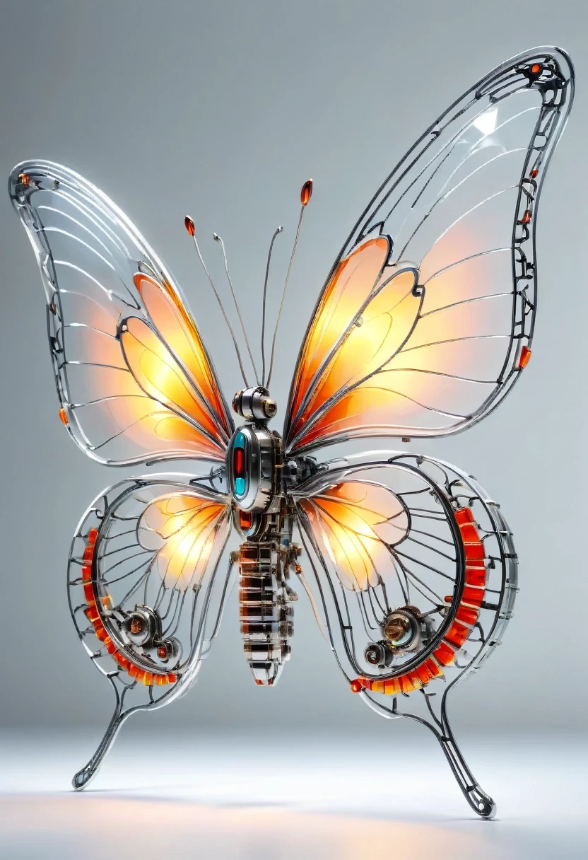 symmetry，whole body, solid light grey background, The combination of biology and machinery, Transparent mechanical butterfly, The internal structure is complex and precise, glowing neon lights,(high detail, masterpiece, best quality, ultra high definition, Sharpen details)