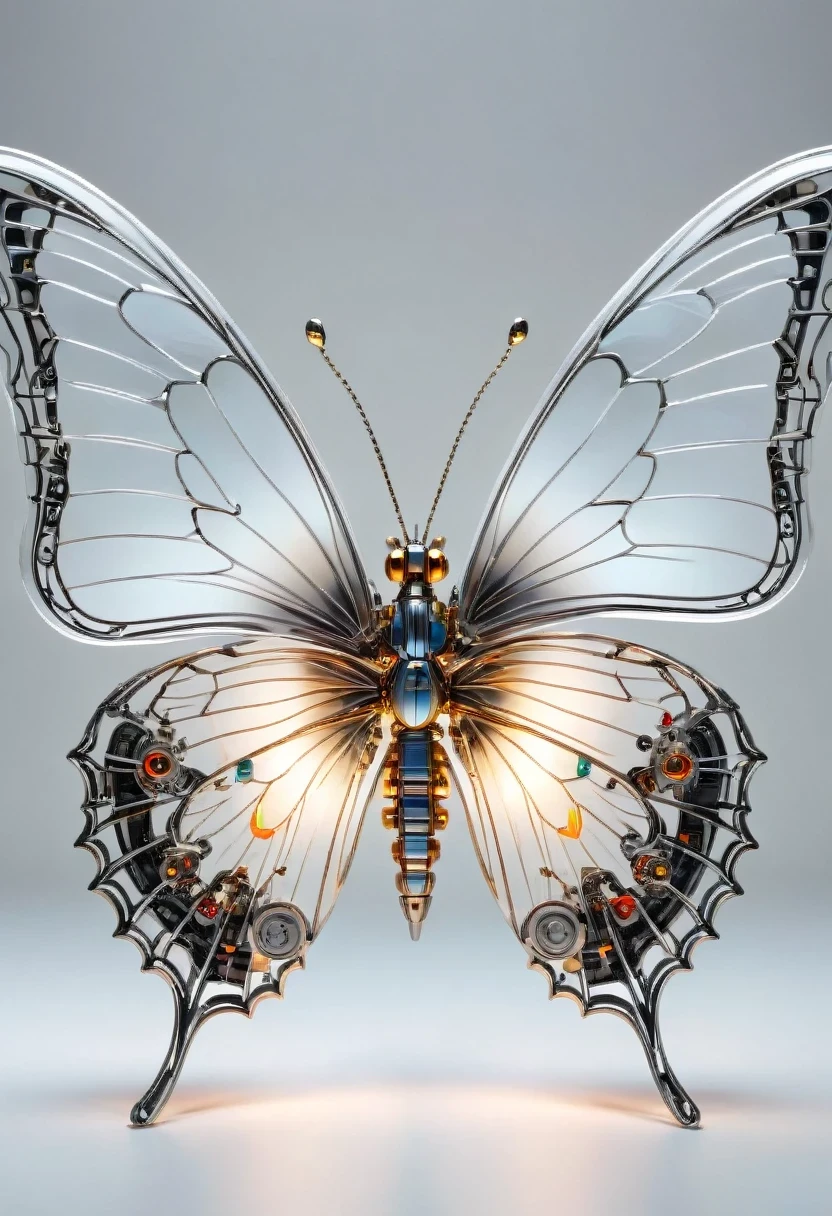 symmetry，whole body, solid light grey background, The combination of biology and machinery, Transparent mechanical butterfly, The internal structure is complex and precise, glowing neon lights,(high detail, masterpiece, best quality, ultra high definition, Sharpen details)