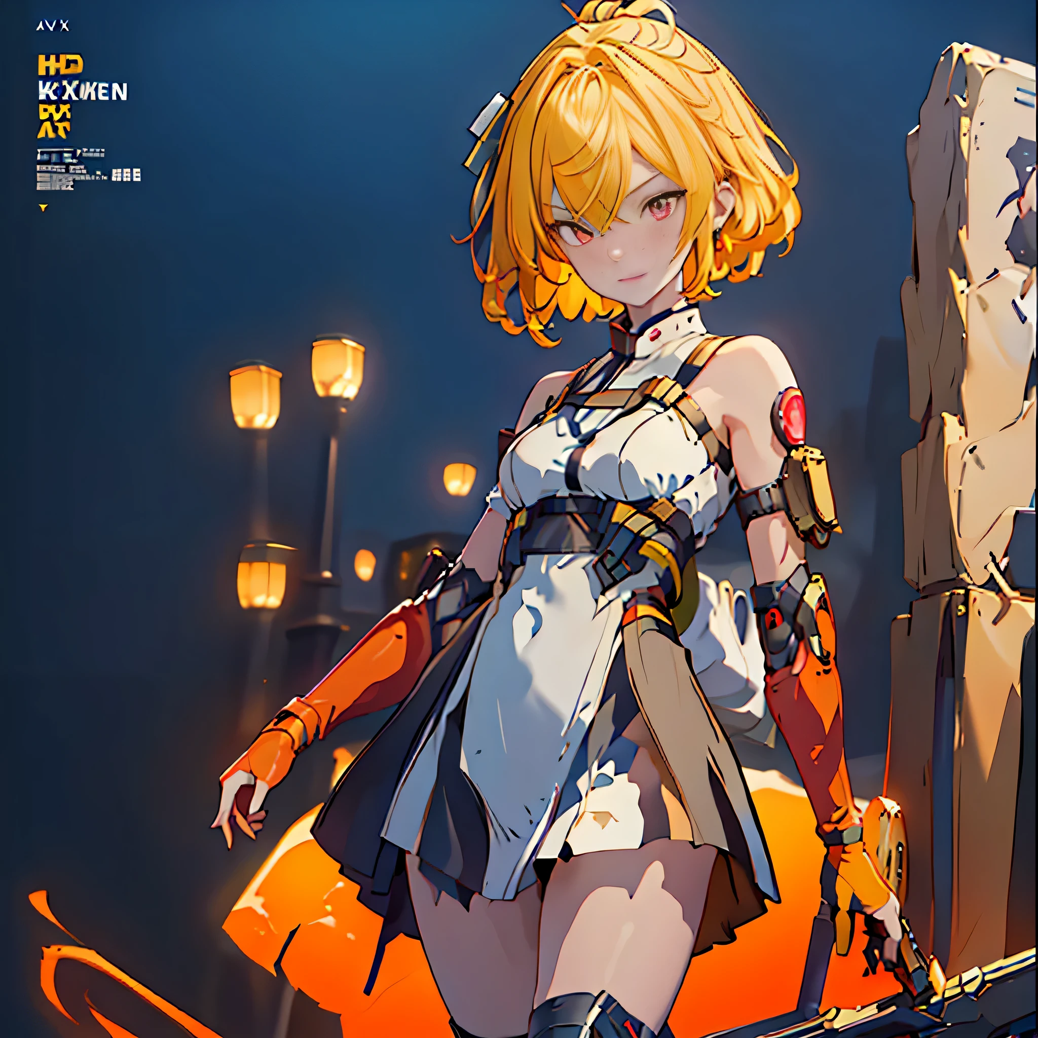 1 girl, tie up hair, short hair, short blond hair, red eyes, innocent smile, black mech armor, cool and sexy face, black thigh knee sock, Sharp face, Yellow ribbon, battlefield, outside, black crown,  standing, ,Fenny Coronet, Shotgun , one person, alone, 1 head, 2 hands, 2 legs , High Res , UHD , 4k , 8k ,The text is bold and eye-catching，With catchy slogans，Adds to the overall drama and excitement。The color palette is dominated by dark colors, poster , magazine cover ，Make the poster dynamic and visually striking，(Magazines:1.3), (Cover-style:1.3)