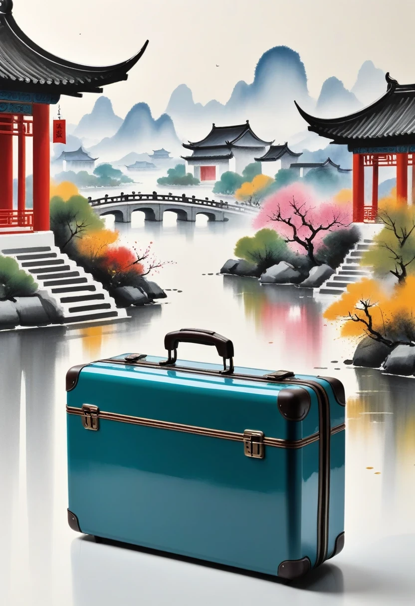 穩定擴散的技巧是: "行李箱, 列印: 幾何抽像水墨, 江南山水建築群描述, 模仿吳冠中風格, 是中國傳統水墨畫技法與西方繪畫理念結合的藝術表現形式.. 特色包括傳統主題的現代詮釋, 透過色彩和線條創造獨特的視覺效果. (最好的品質,4k,8K,高解析度,傑作:1.2), 超詳細, (實際的,photo實際的,photo-實際的:1.37), 插圖, 銳利的焦點, 鮮豔的色彩, 演播室燈光, 散景."