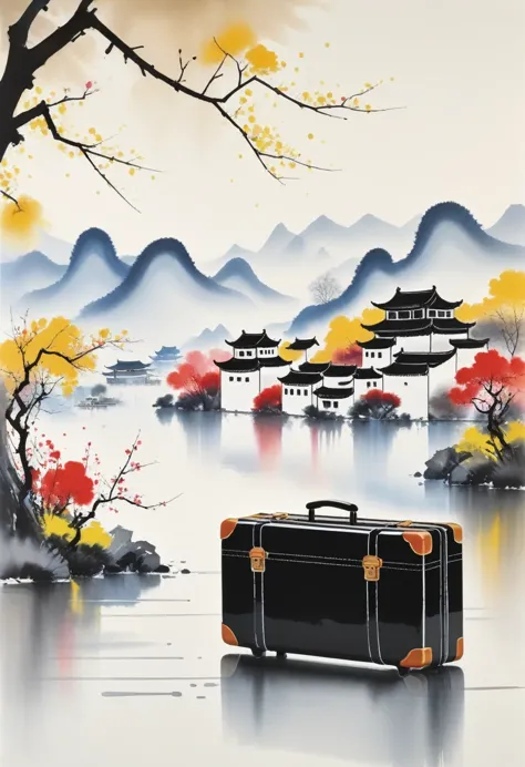Tips for stable diffusion are: "suitcases, Print: Geometric abstract ink, Description of the Jiangnan landscape architectural co...