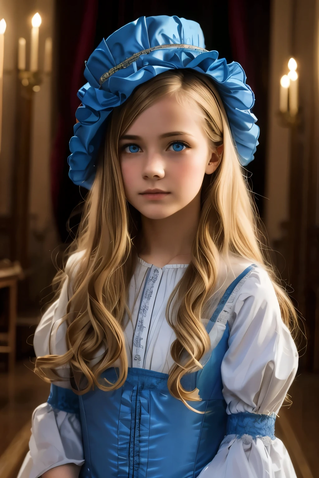 弗吉尼亚·奥蒂斯, 15歲 (金髮, 藍眼睛), 薄的, 可愛的臉孔, 晚上在坎特維爾城堡散步 (灵感来自小说《坎特维尔幽灵》). 1887年, 维多利亚时代的黑暗幻想

