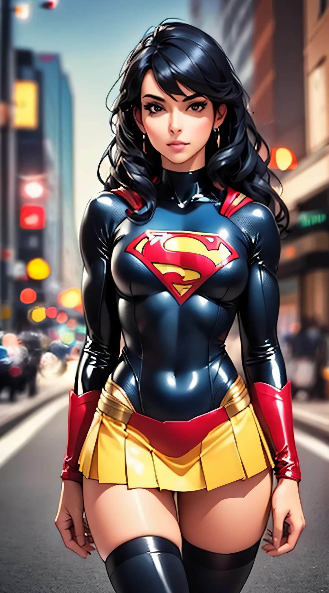 ((Realistic Lighting, Best Quality, 8K, Masterpiece: 1.3)), Focus: 1.2, 1girl, Perfectly shaped Chinese beauty: 1.4, Fine abs: 1.1, ((black long hair)), (Latex supergirl costume: 1.4), (Outdoor, Night: 1.1), City streets, Super thin face, Thin eyes, Double eyelids, Latex miniskirt, (Black socks over the knee: 1.5)  