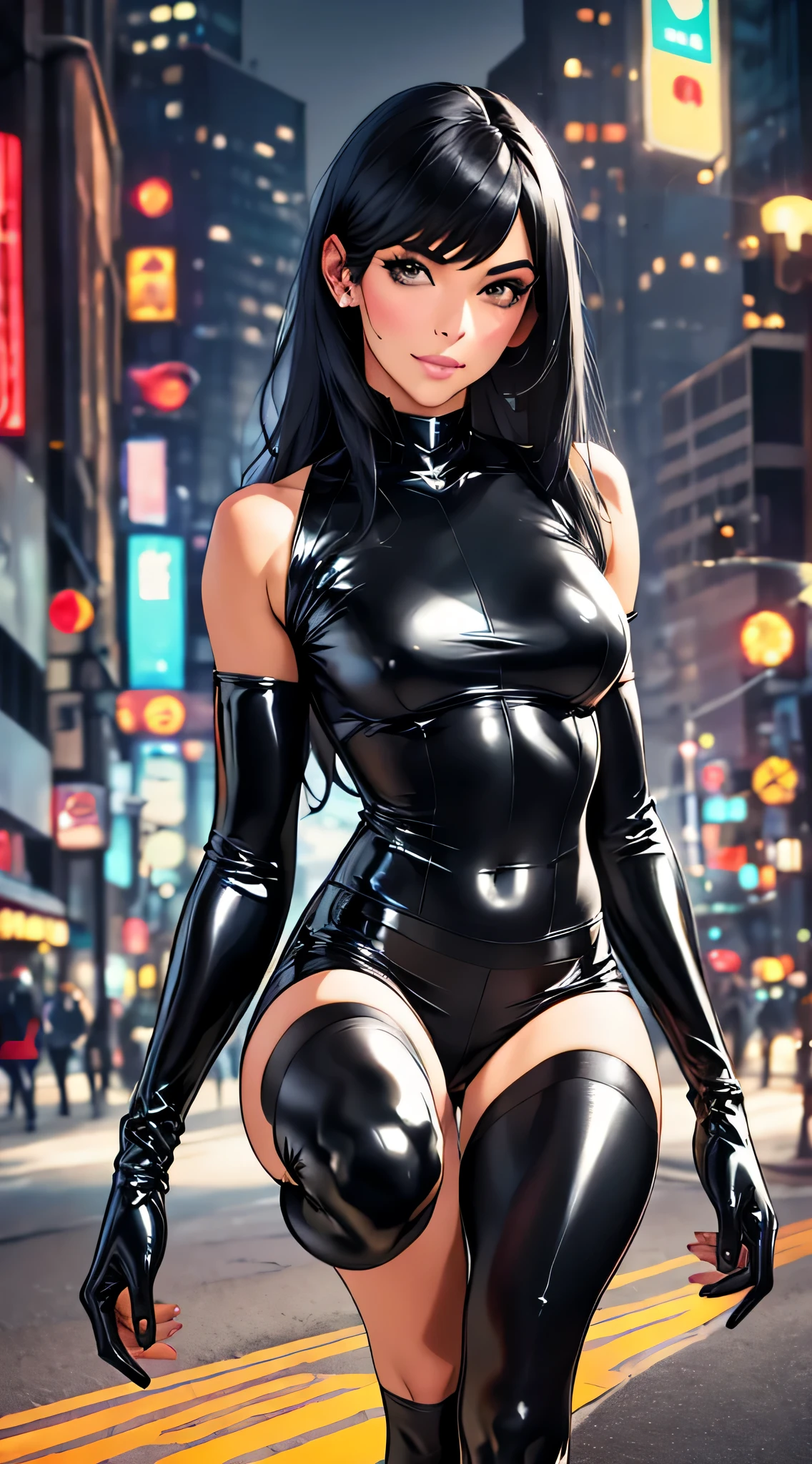 ((Realistic Lighting, Best Quality, 8K, Masterpiece: 1.3)), Focus: 1.2, 1girl, Perfectly shaped Chinese beauty: 1.4, Fine abs: 1.1, ((black long hair)), (Latex spidergirl costume: 1.4), (Outdoor, Night: 1.1), City streets, Super thin face, Thin eyes, Double eyelids, Latex miniskirt, (Black socks over the knee: 1.5)  