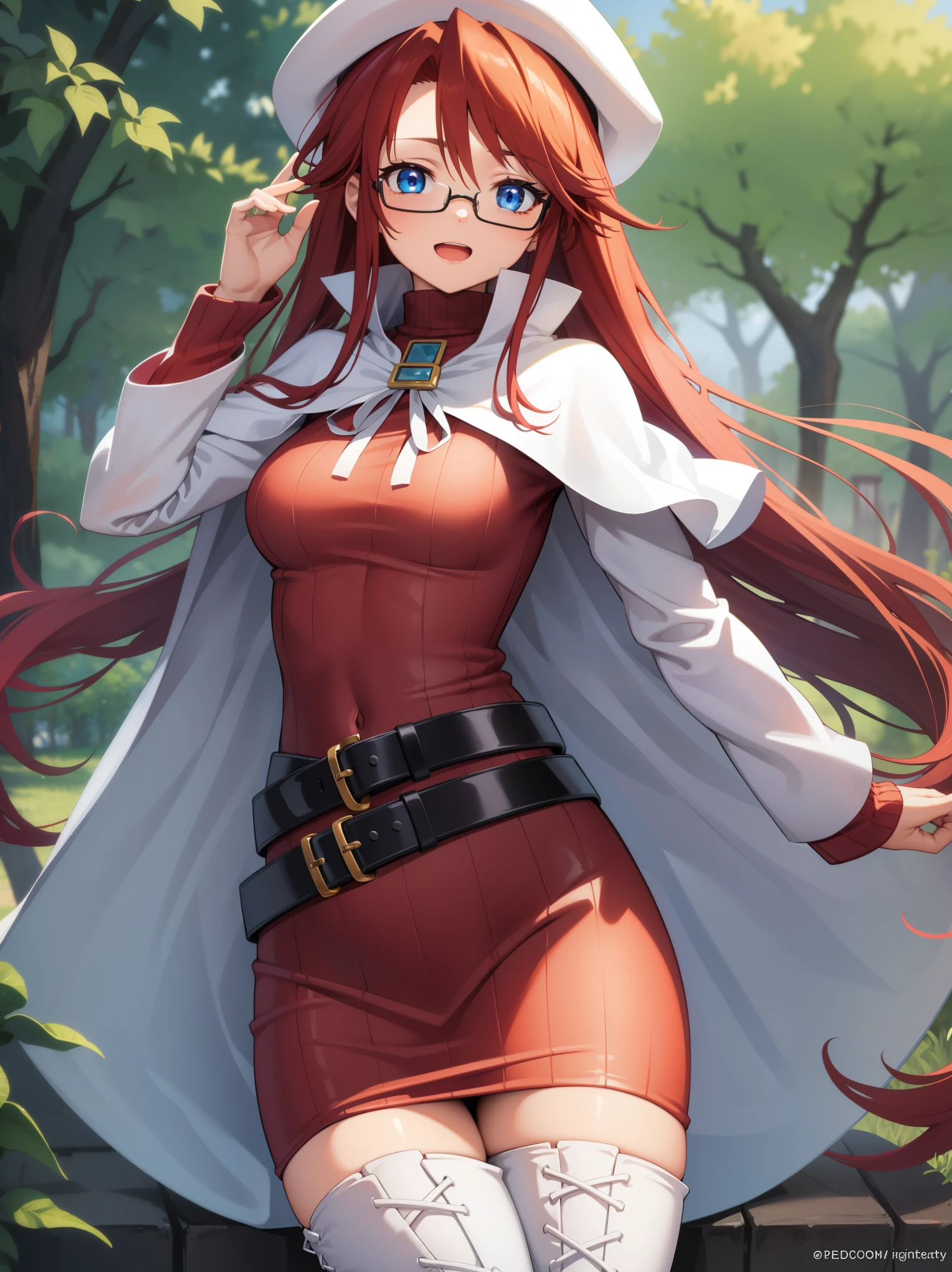 summonnightaty, aty, long hair, blue eyes, red hair, beret, hat, glasses,
BREAK long hair, thighhighs, hat, dress, boots, glasses, belt, cape, sweater, zettai ryouiki, beret, thigh boots, white footwear, ribbed sweater, loose belt,solo,
BREAK outdoors, fantasy_town,
BREAK (masterpiece:1.2), best quality, high resolution, unity 8k wallpaper, (illustration:0.8), (beautiful detailed eyes:1.6), extremely detailed face, perfect lighting, extremely detailed CG, (perfect hands, perfect anatomy),covered_nipples,covered_navel,light_smile ,walking,(half_eyes:1.2),light_open_mouth,sword,armpit,sleepy,sitting,red_sweater,