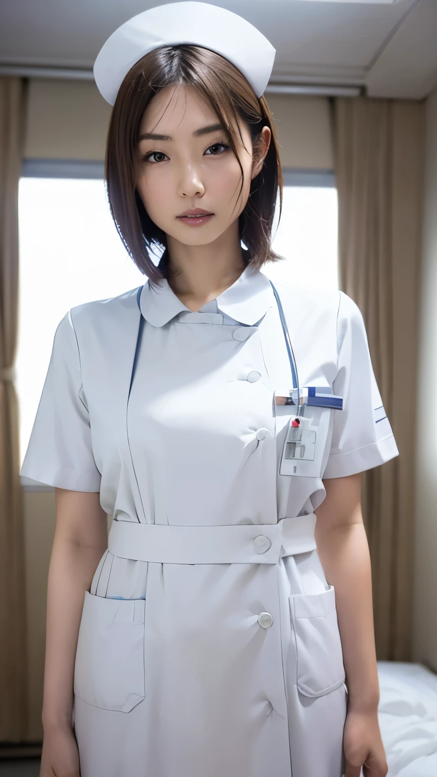 1 girl,(Wearing white nurse clothes:1.2),(RAW photo, highest quality), (realistic, photo-realistic:1.4), masterpiece, very delicate and beautiful, very detailed, 2k wallpaper, wonderful, finely, very detailed CG unity 8k wallpaper, Super detailed, High resolution, soft light, beautiful detailed girl, very detailed eyes and face, beautifully detailed nose, finely beautiful eyes, nurse, perfect anatomy, black hair, up style, nurse uniform, ((nurse cap)), long skirt, nurse, white costume, thin, hospital, clear, white uniform, hospital room, auscultation of the neck,bob cut