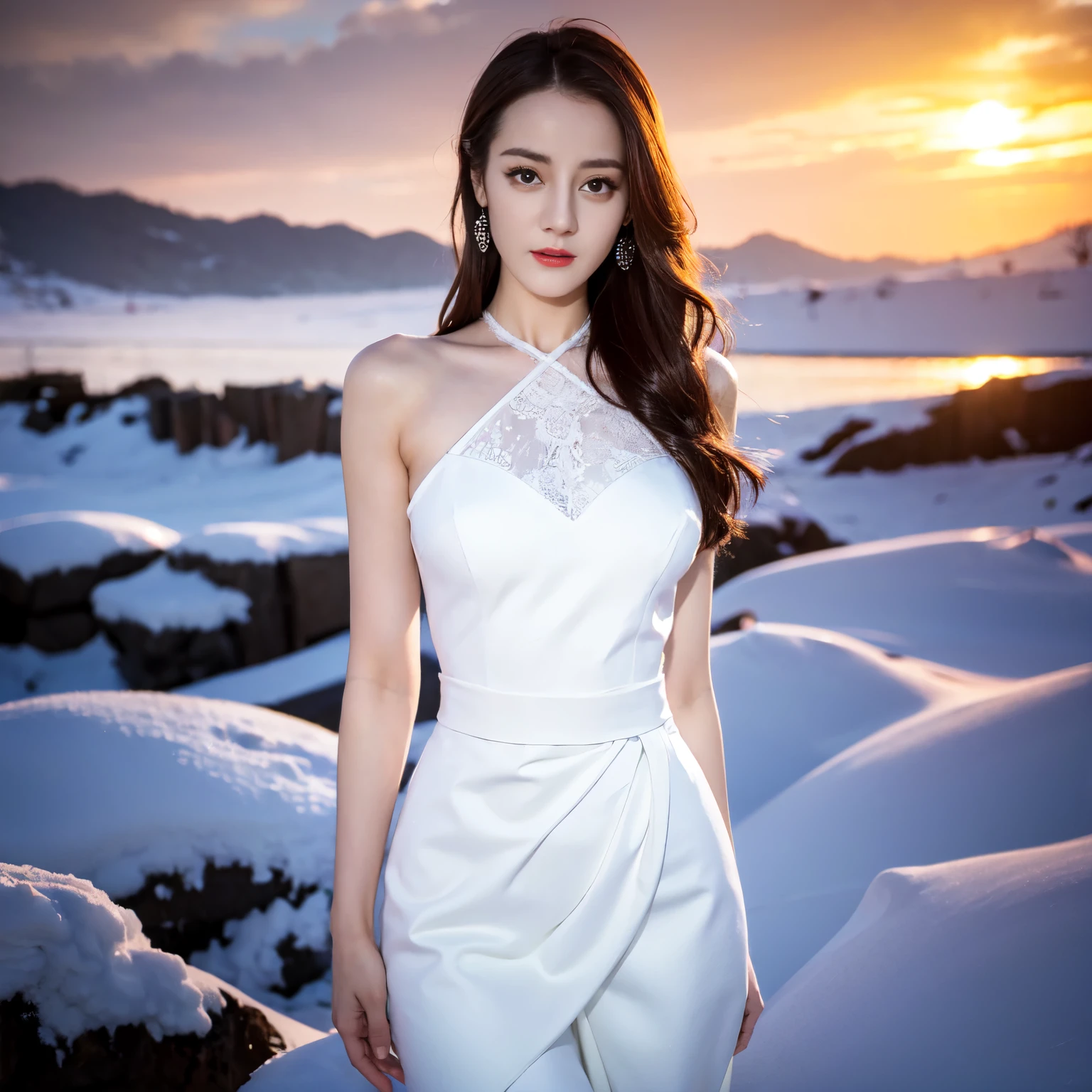 ((top quality、8k、​Masterpiece:1.3))、Extremely delicate and beautiful girl，full-body shot，huge breasts，bigger breasts，amazing breast size，G cup。Wear big earrings，Very white skin，moist red lips，Waist is very thin，Thighs are very thin，big butt，fair and smooth skin，Smooth and fair skin，flawless skin，Fair and shiny skin，cold white skin，The camera focuses on the chest，Bright light，White tube top dress，bare shoulders，white hair，hair is white，heavy snow，snow mountain，sunset，Rizhao Jinshan