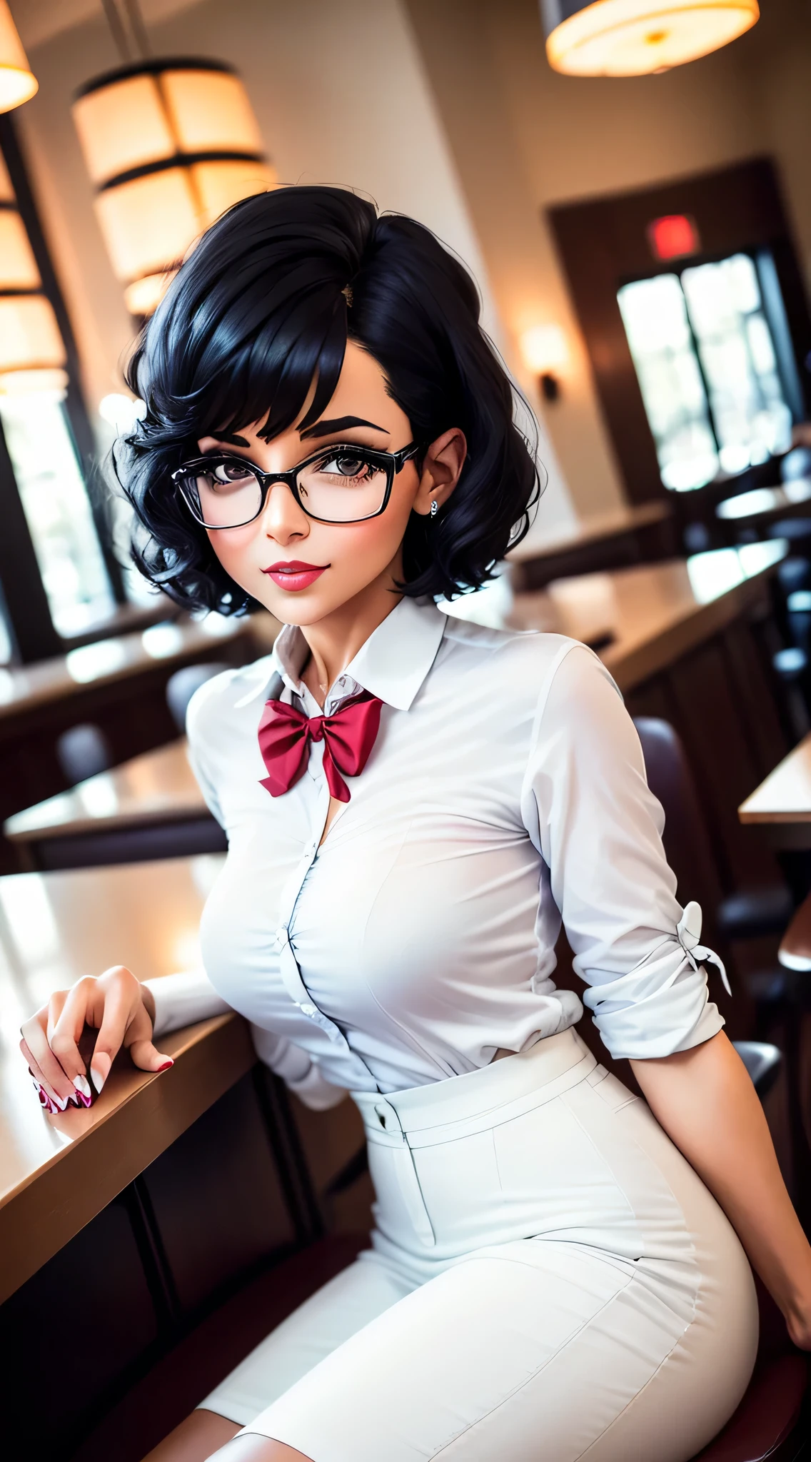 A photo of a young, nerdy woman sitting in a caf, wearing a white shirt and a bow, surrounded by a cozy atmosphere, looking at the viewer.
short hair, slender, red lips, transparent fabric, flirting with the camera